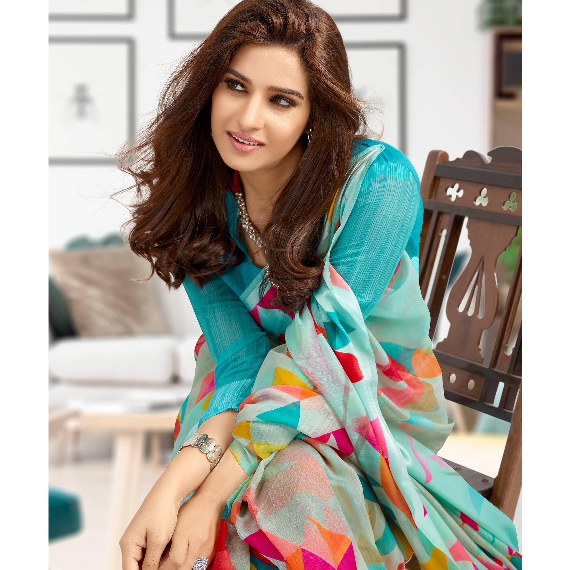 Glorious Aqua Blue Colored Casual Printed Cotton Saree - Peachmode