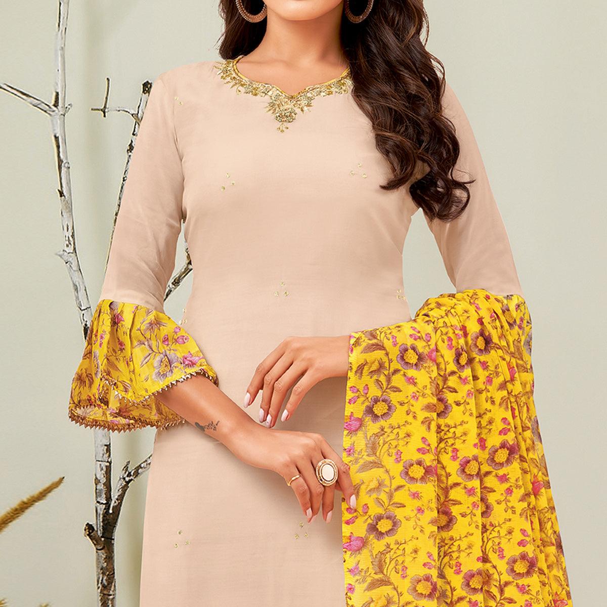 Glorious Beige Colored Casual Wear Embroidered Chanderi Dress Material - Peachmode