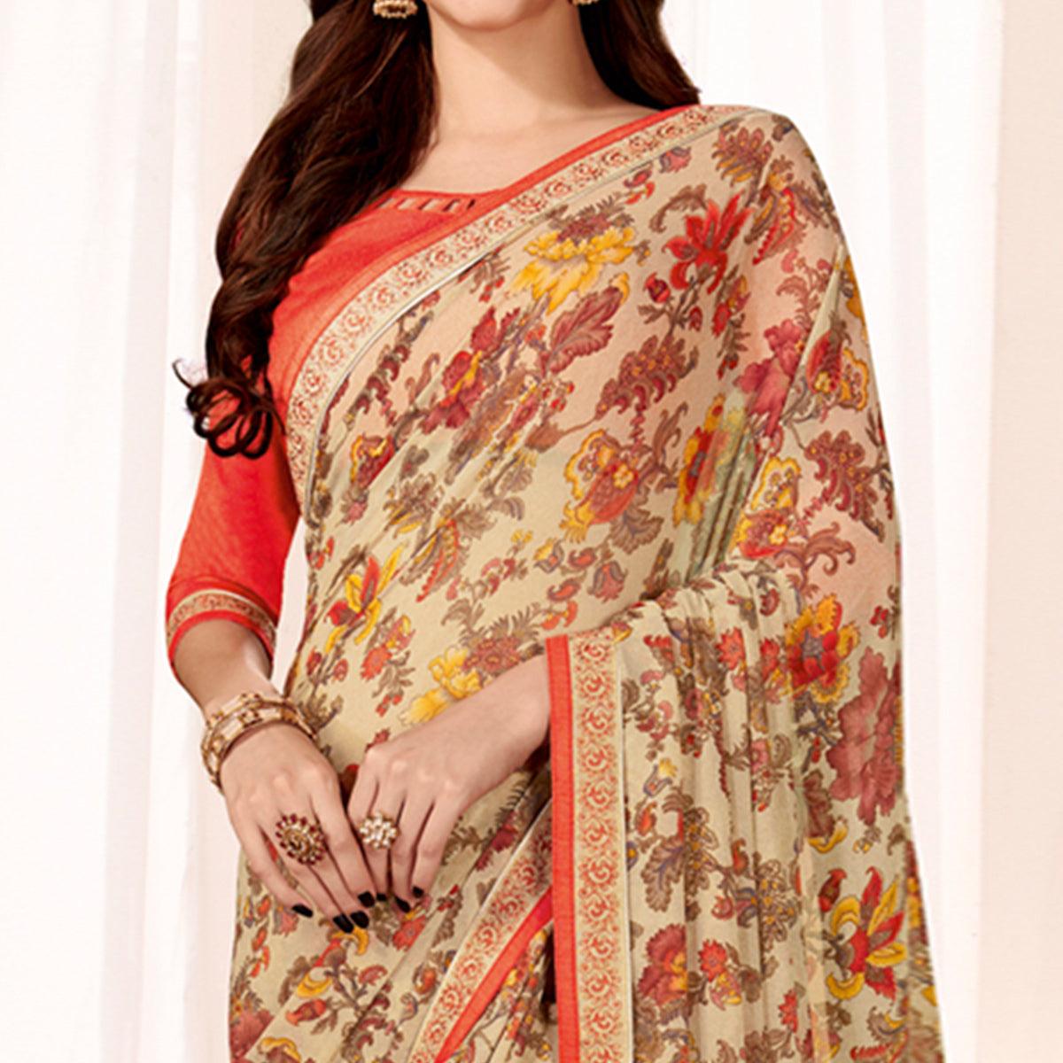 Glorious Beige Colored Casual Wear Printed Georgette Saree - Peachmode