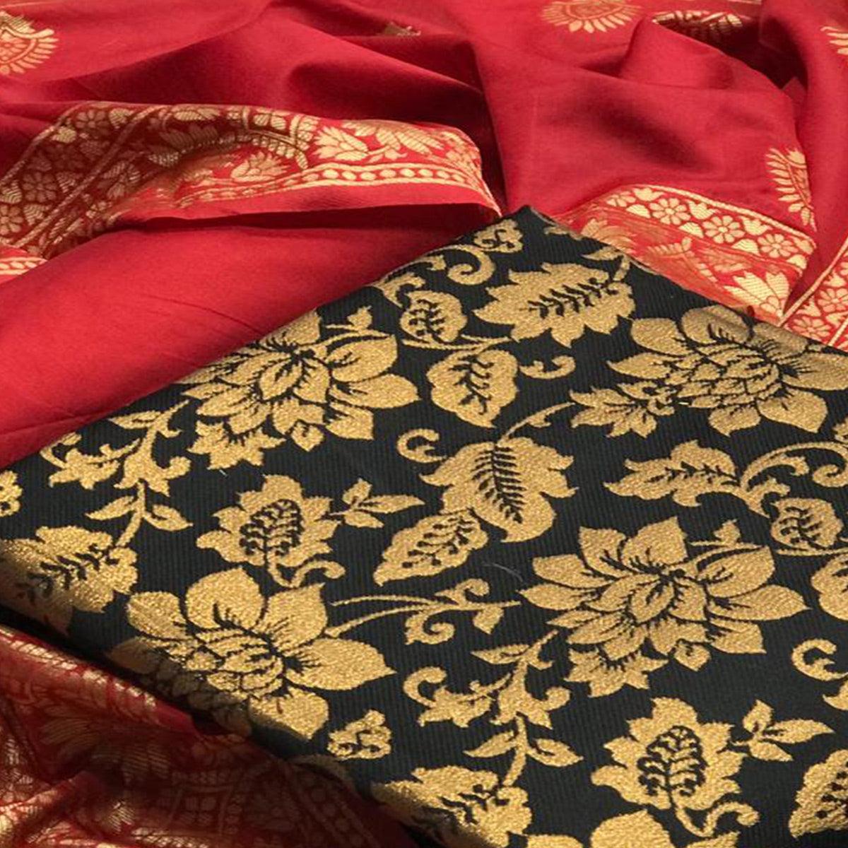 Glorious Black Colored Casual Woven Banarasi Silk Dress Material - Peachmode
