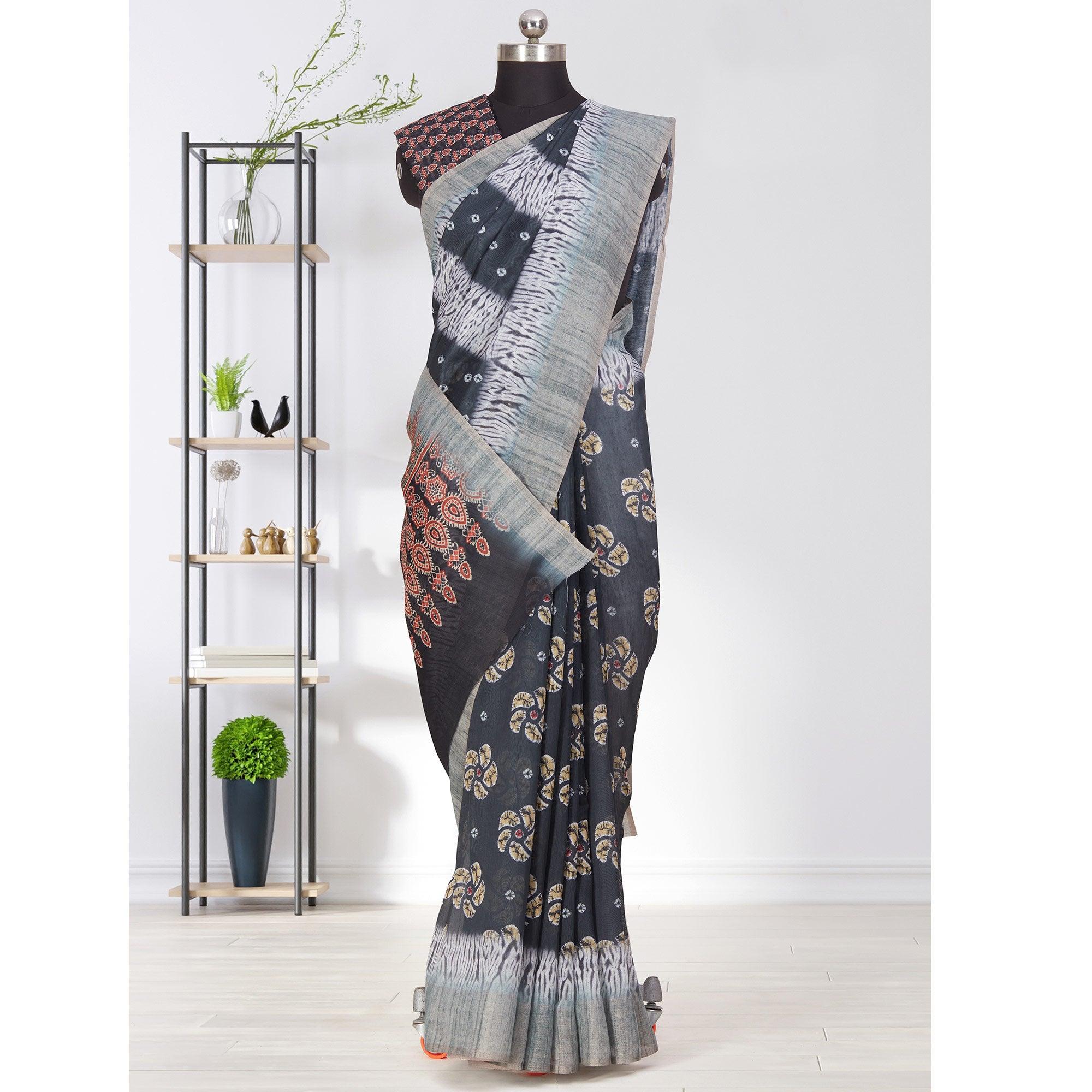 Glorious Black Coloured Casual Wear Printed Linen Saree - Peachmode