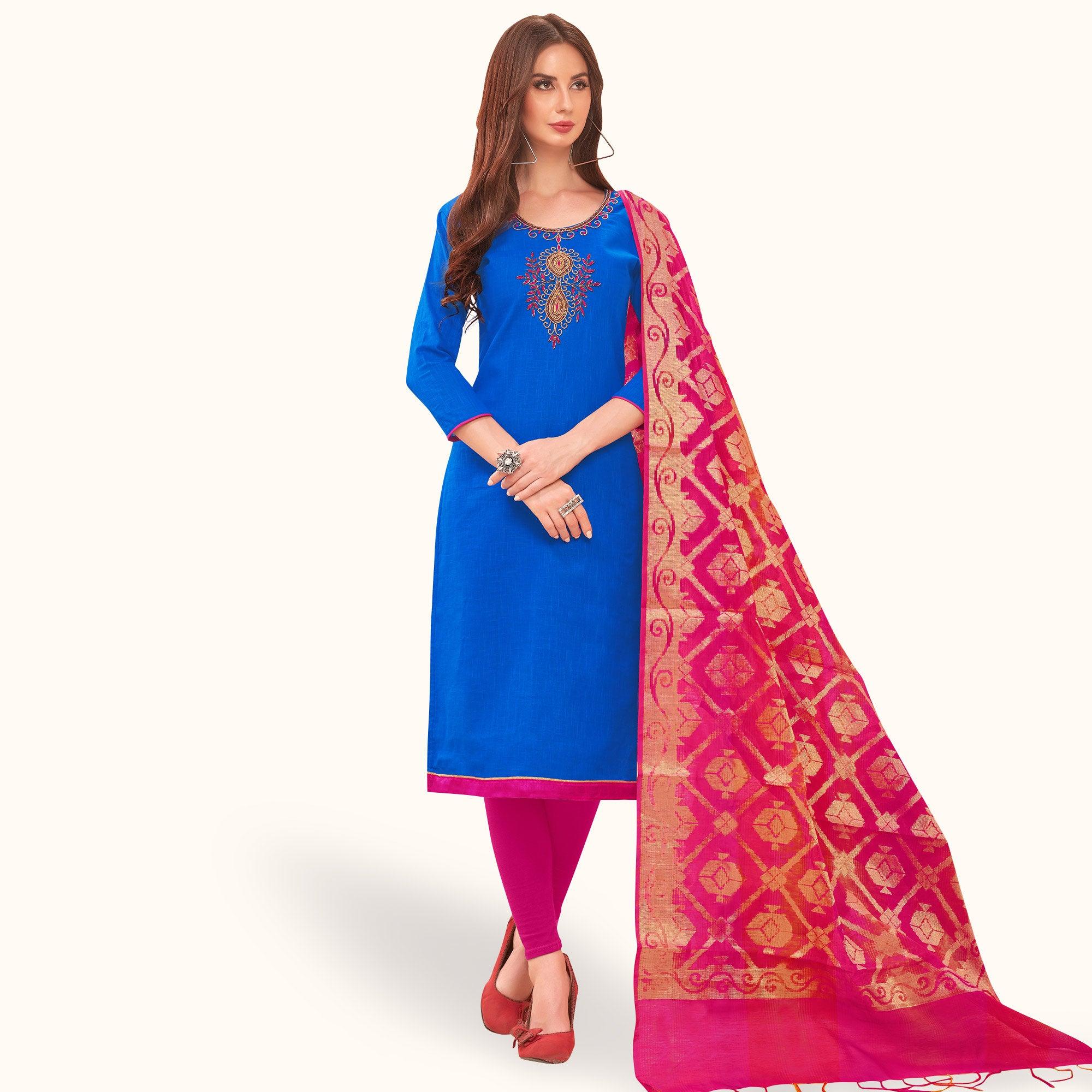 Glorious Blue Colored Casual Wear Embroidered Cotton Dress Material With Banarasi Silk Dupatta - Peachmode