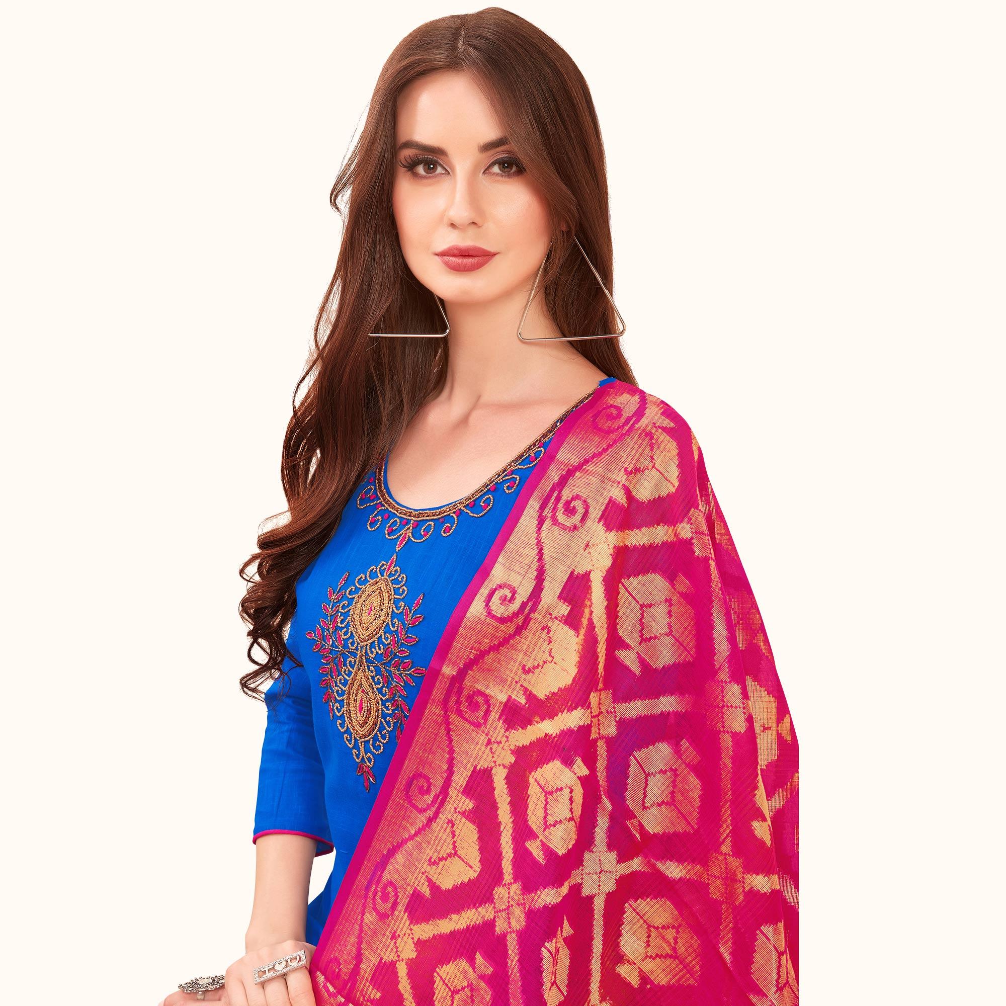 Glorious Blue Colored Casual Wear Embroidered Cotton Dress Material With Banarasi Silk Dupatta - Peachmode