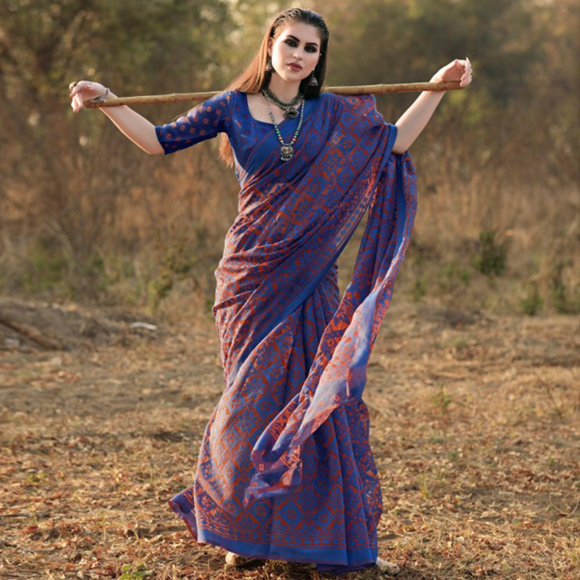 Glorious Blue Colored Casual Wear Printed Brasso Saree - Peachmode