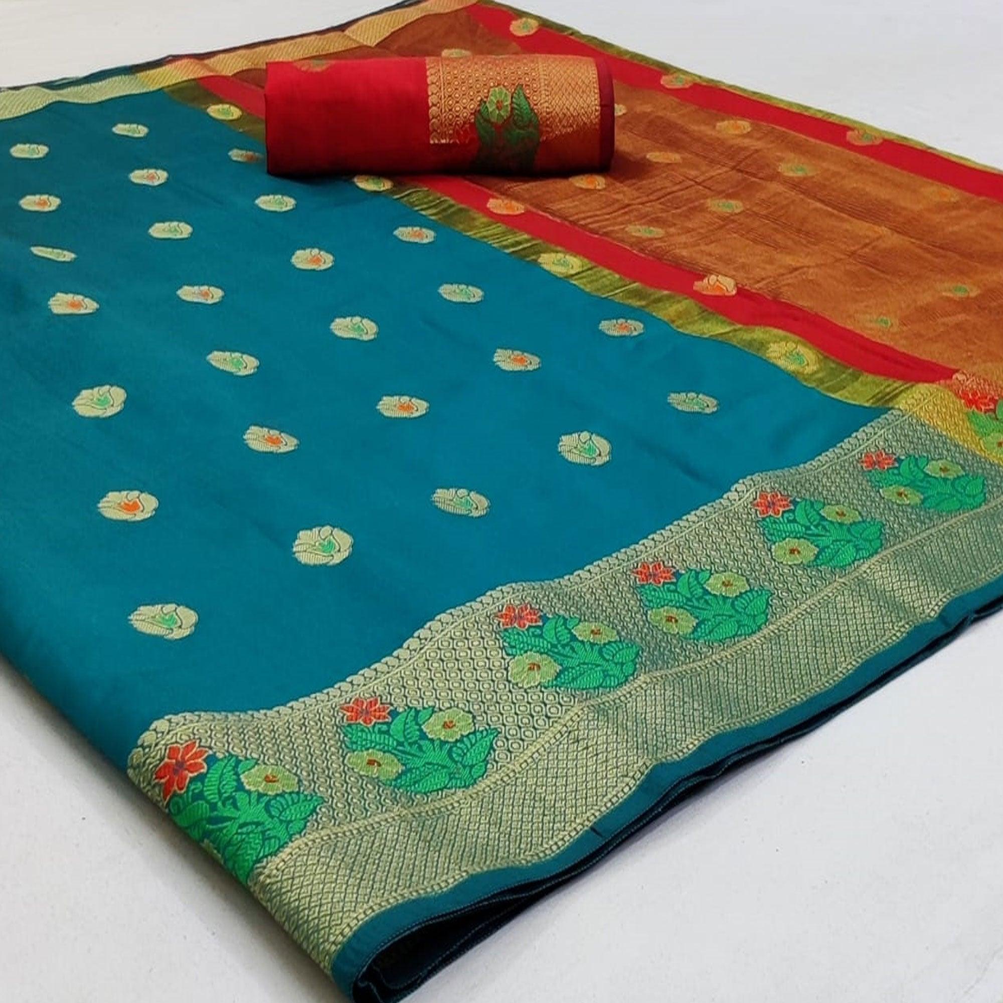 Glorious Blue Colored Festive Wear Woven Soft Silk Saree - Peachmode