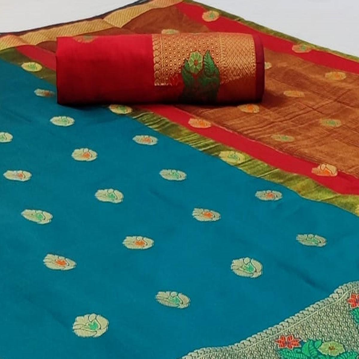 Glorious Blue Colored Festive Wear Woven Soft Silk Saree - Peachmode