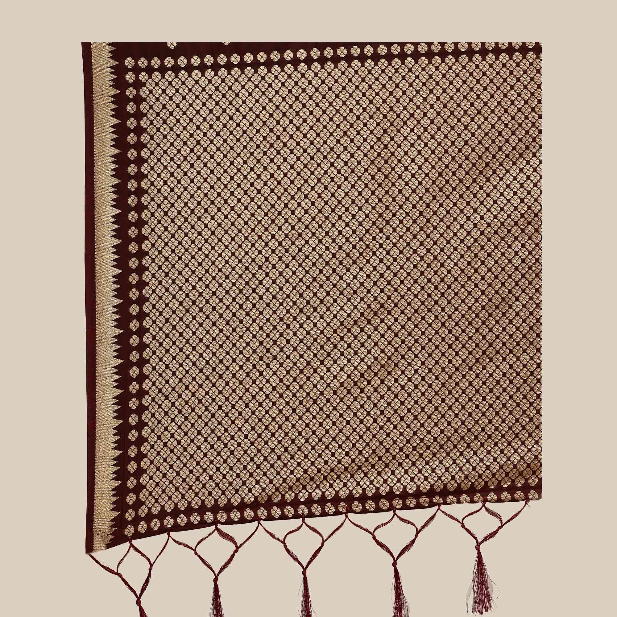 Glorious Brown Colored Festive Wear Silk Blend Woven Geometric Saree With Tassels - Peachmode