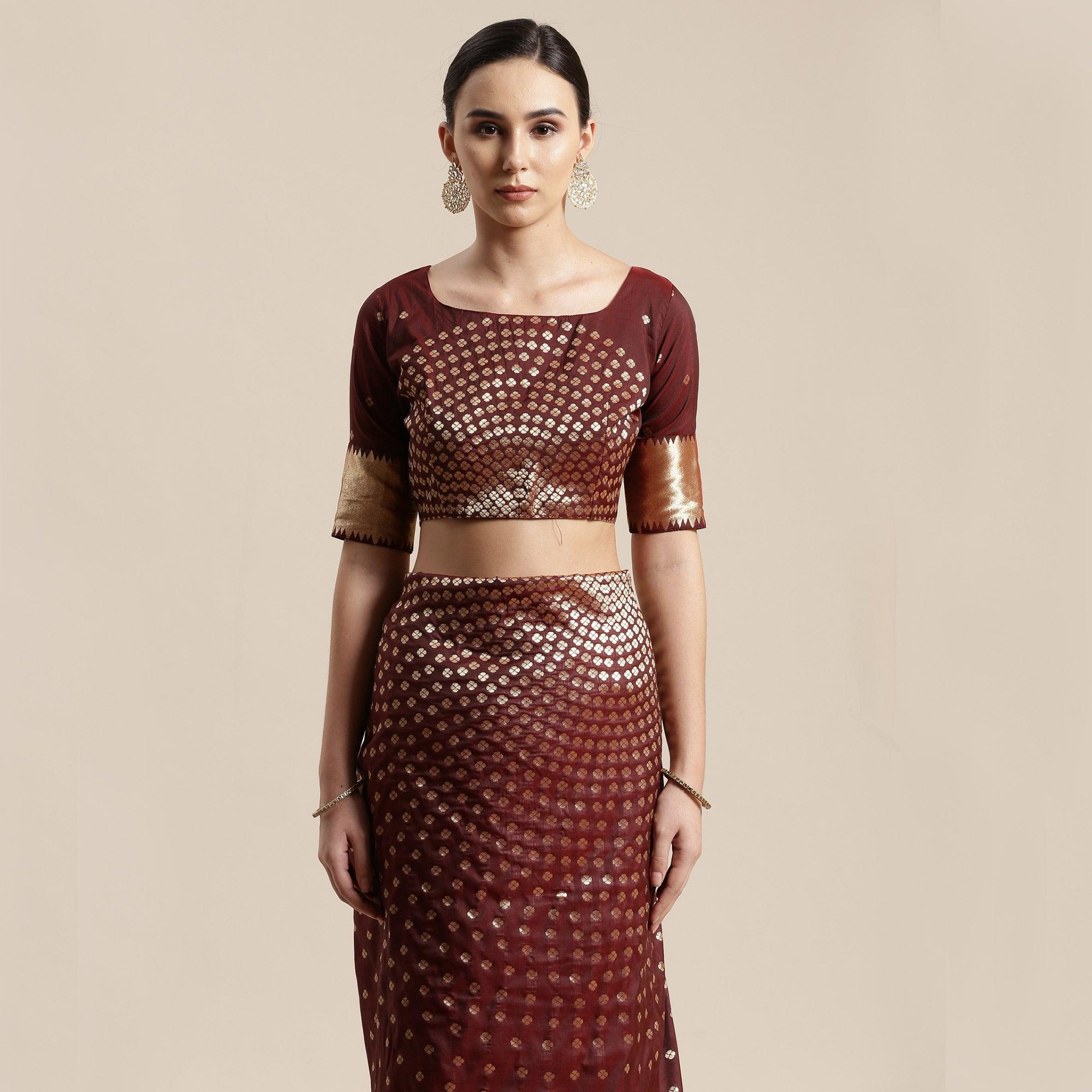 Glorious Brown Colored Festive Wear Silk Blend Woven Geometric Saree With Tassels - Peachmode