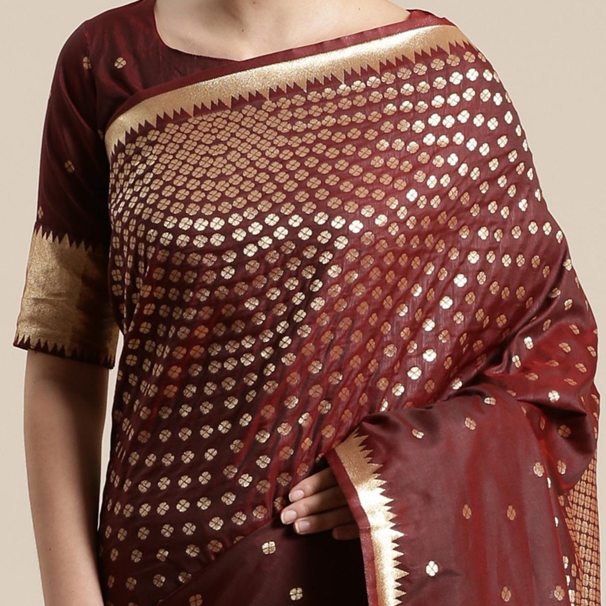 Glorious Brown Colored Festive Wear Silk Blend Woven Geometric Saree With Tassels - Peachmode