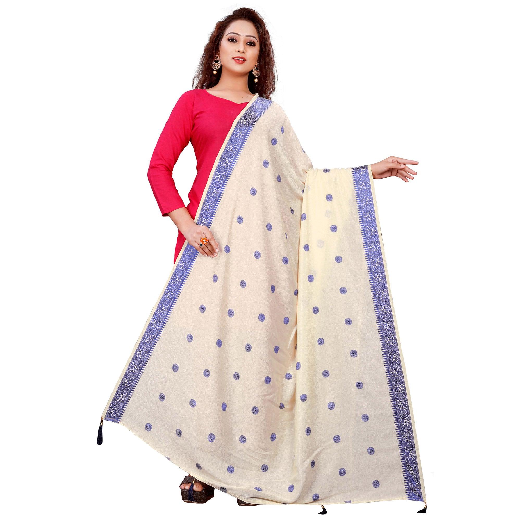 Glorious Cream Colored Festive Wear Woven Art Silk-Viscose Dupatta With Tassels - Peachmode