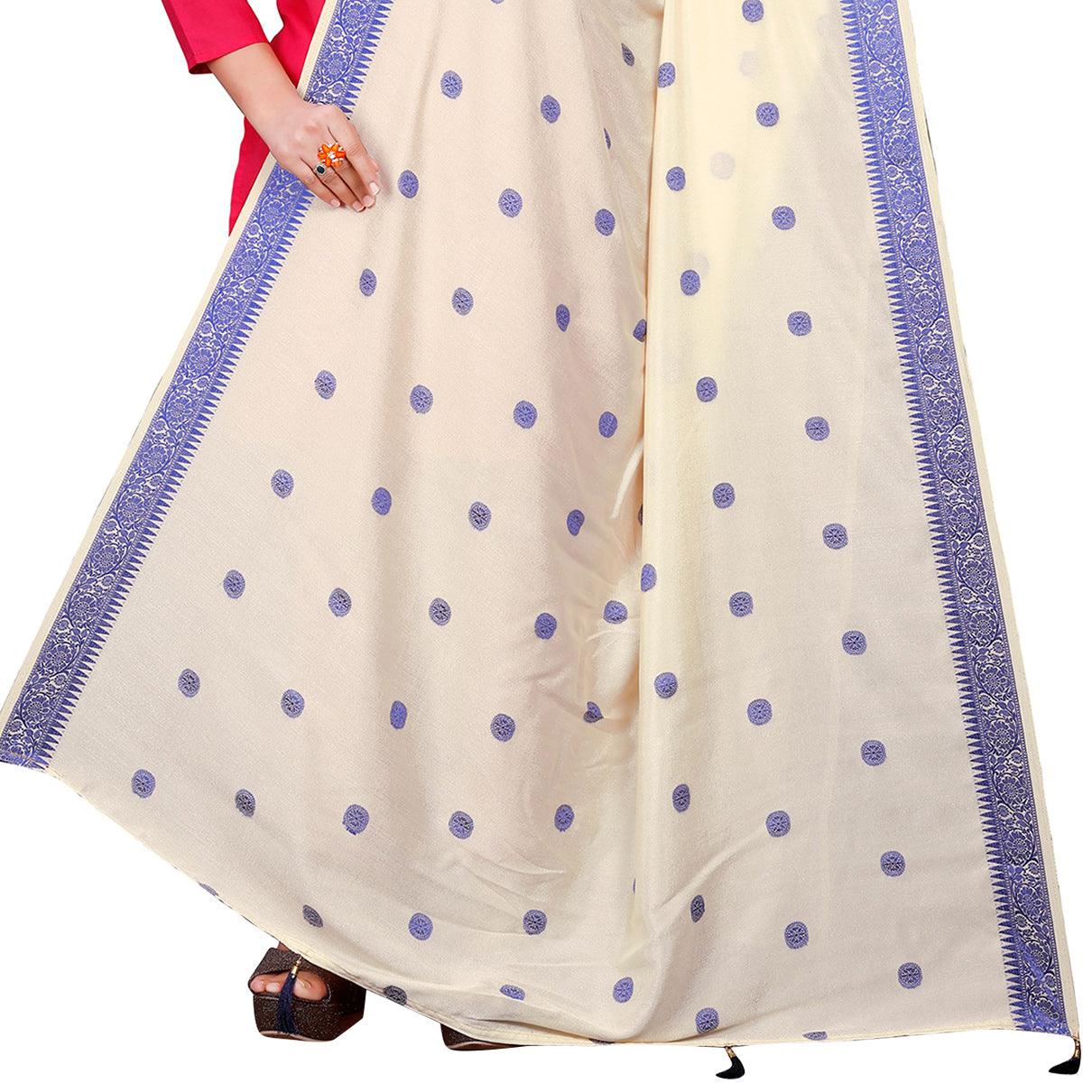 Glorious Cream Colored Festive Wear Woven Art Silk-Viscose Dupatta With Tassels - Peachmode
