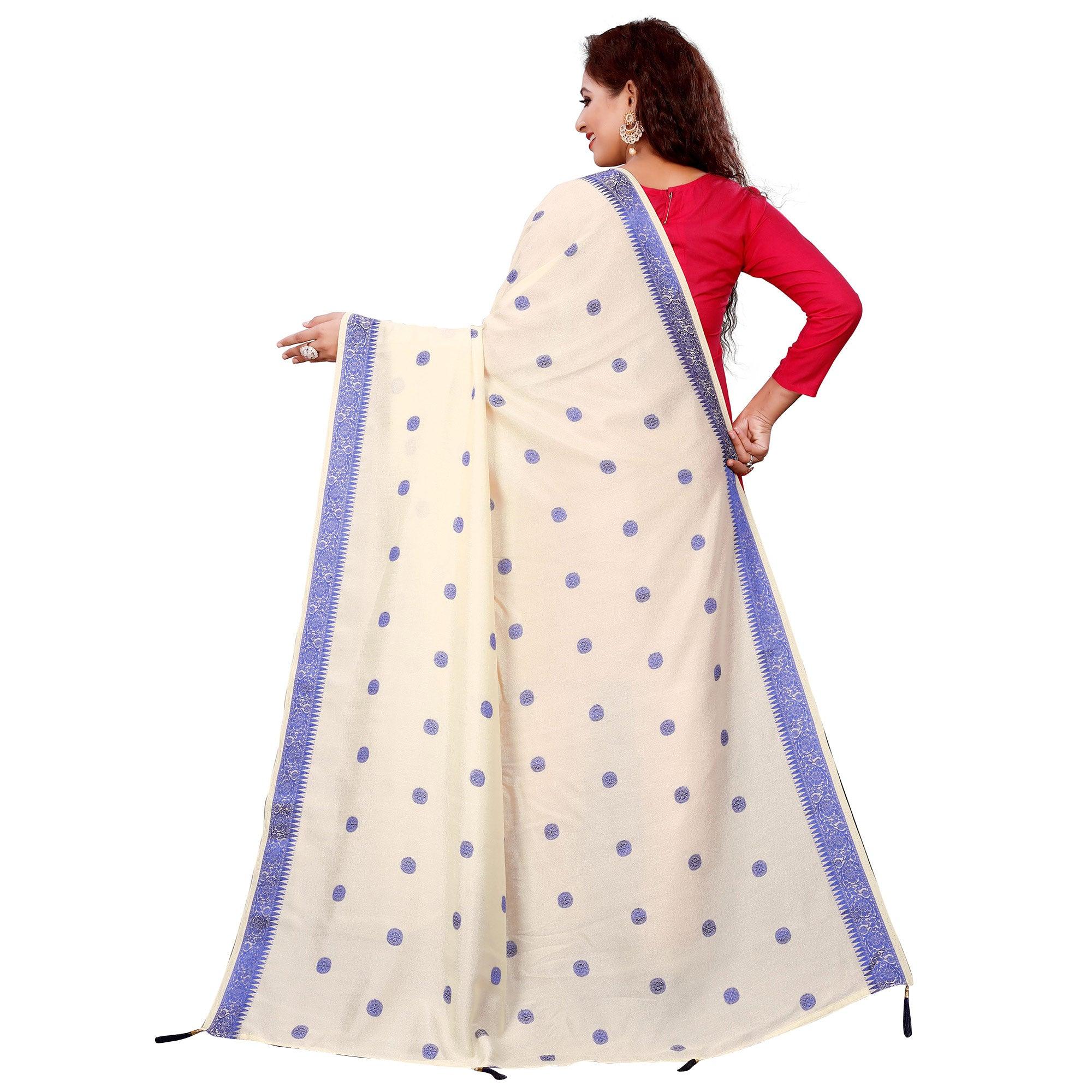 Glorious Cream Colored Festive Wear Woven Art Silk-Viscose Dupatta With Tassels - Peachmode