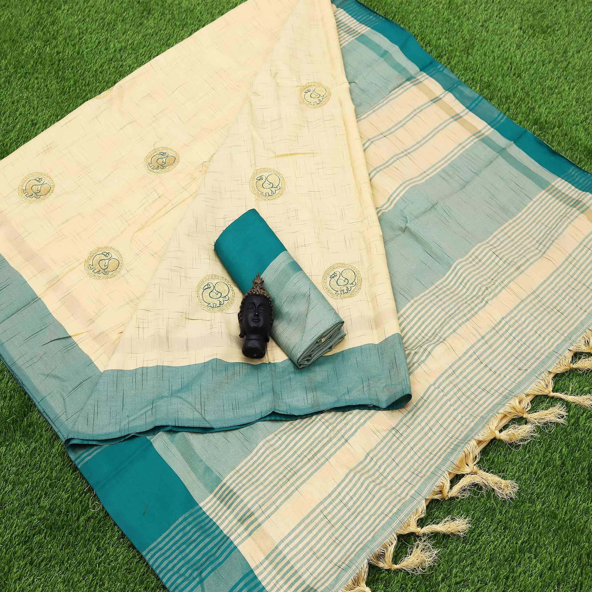 Glorious Cream - Turquoise Colored Festive Wear Woven Cotton Art Silk Saree - Peachmode