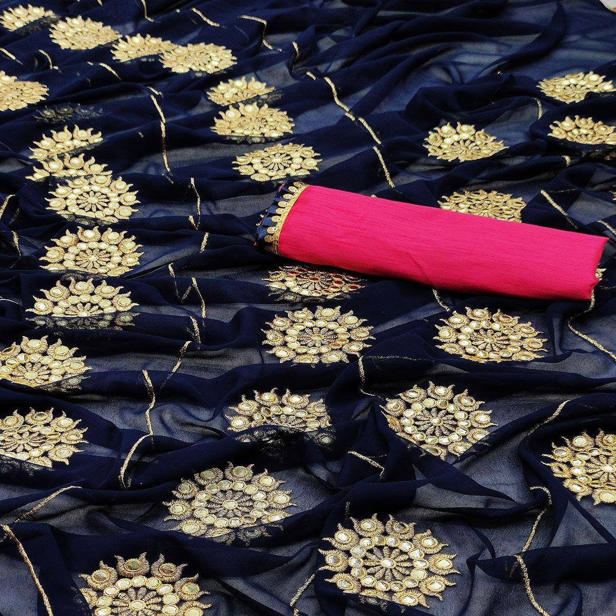 Glorious Dark Blue Colored Partywear Embroidered Georgette Saree - Peachmode