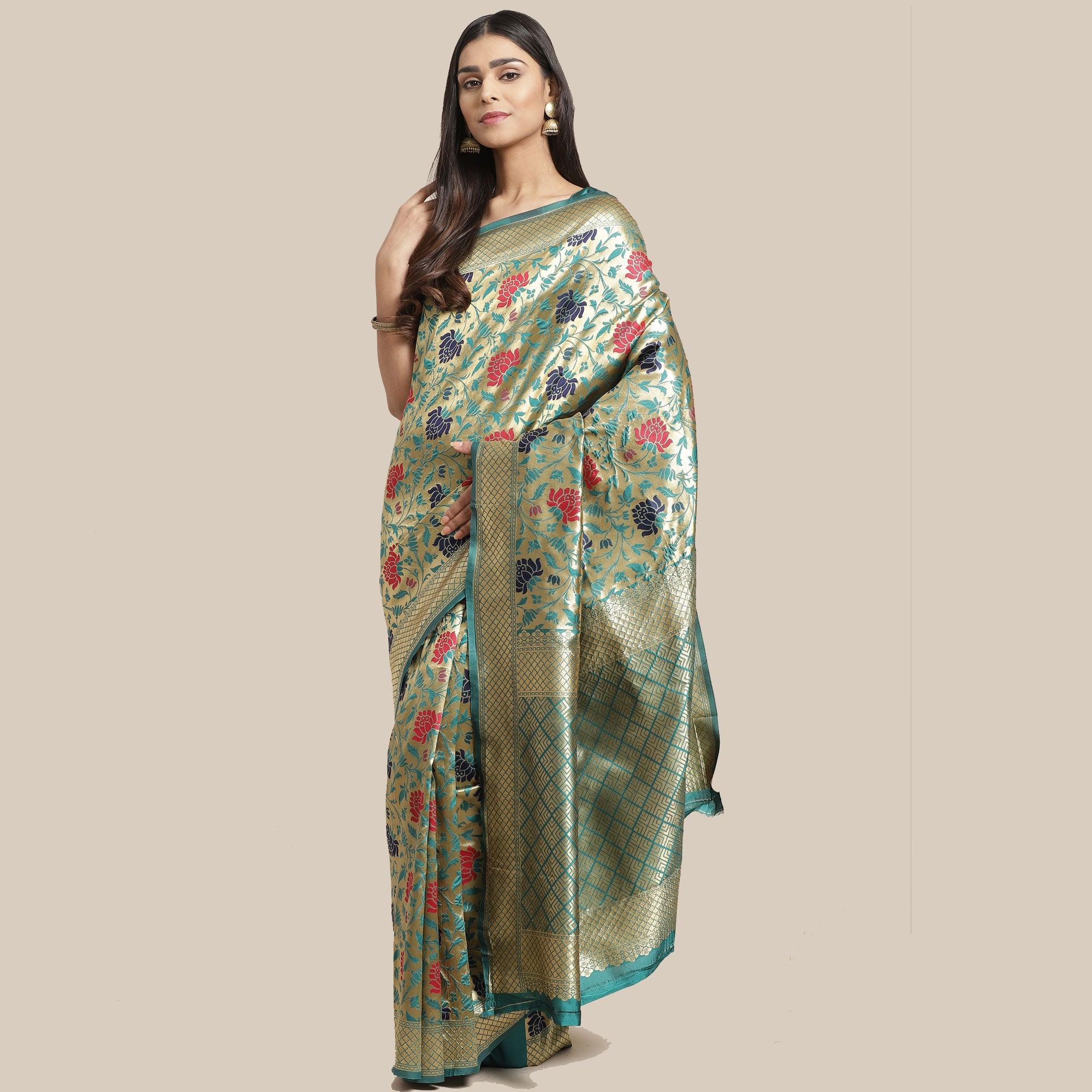 Glorious Gold-Green Colored Festive Wear Woven Silk Blend Saree - Peachmode