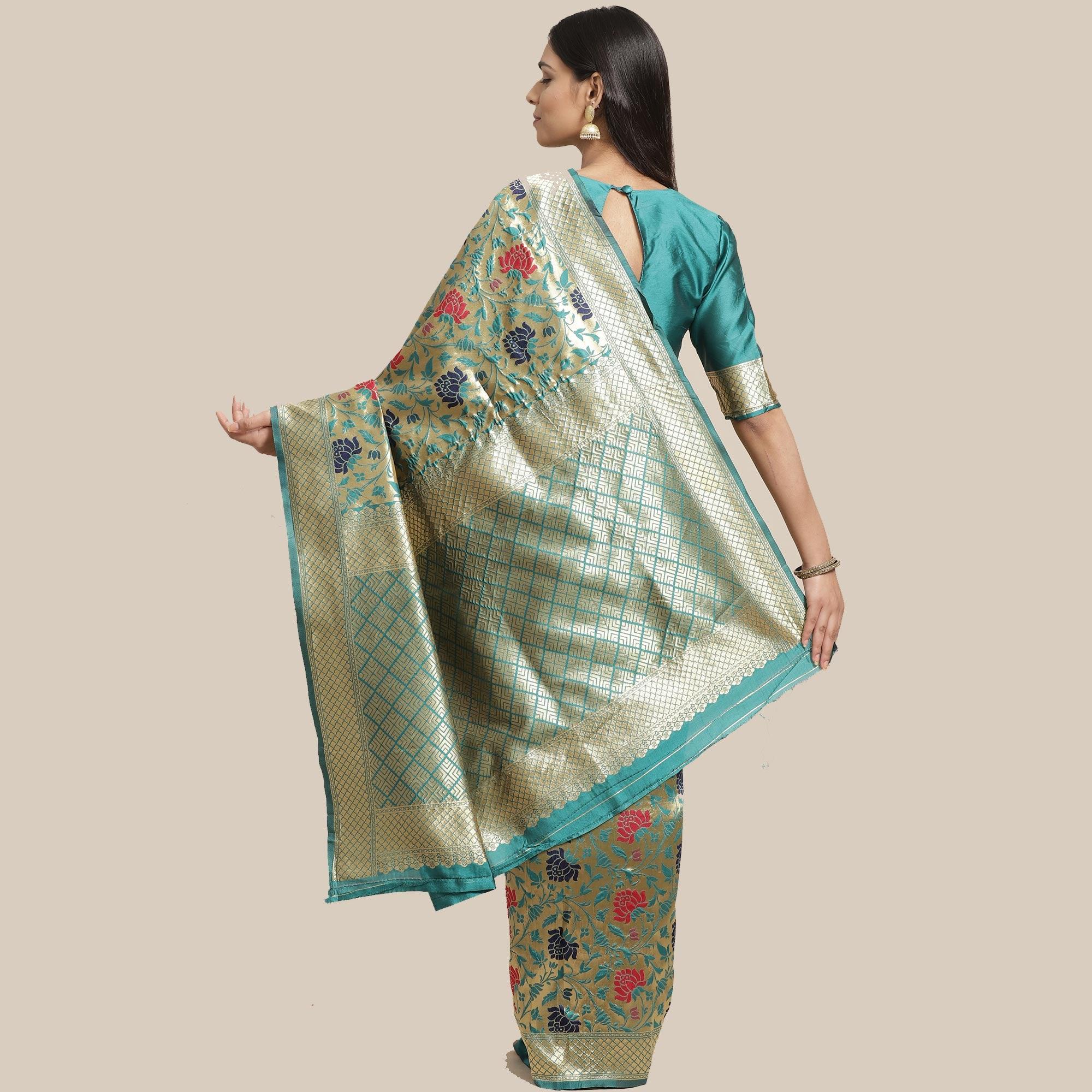 Glorious Gold-Green Colored Festive Wear Woven Silk Blend Saree - Peachmode