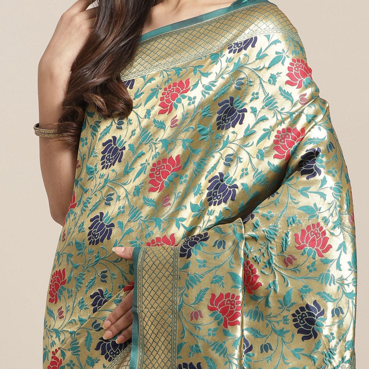 Glorious Gold-Green Colored Festive Wear Woven Silk Blend Saree - Peachmode