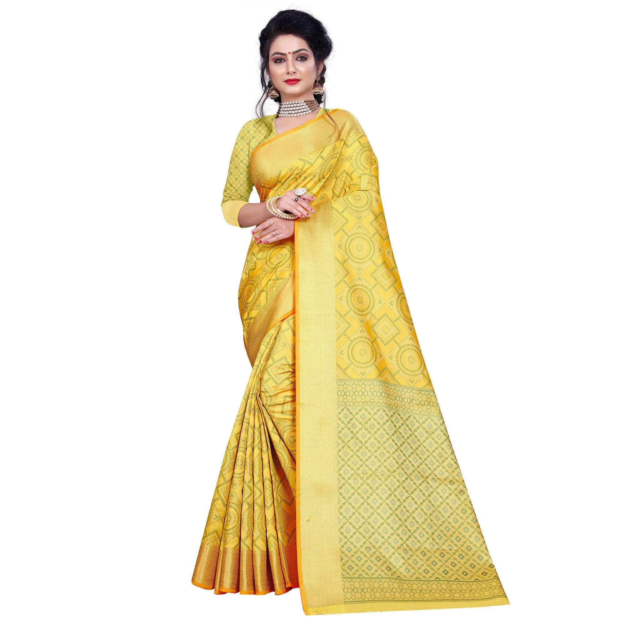 Glorious Golden Yellow Colored Festive Wear Woven Banarasi Silk Saree - Peachmode