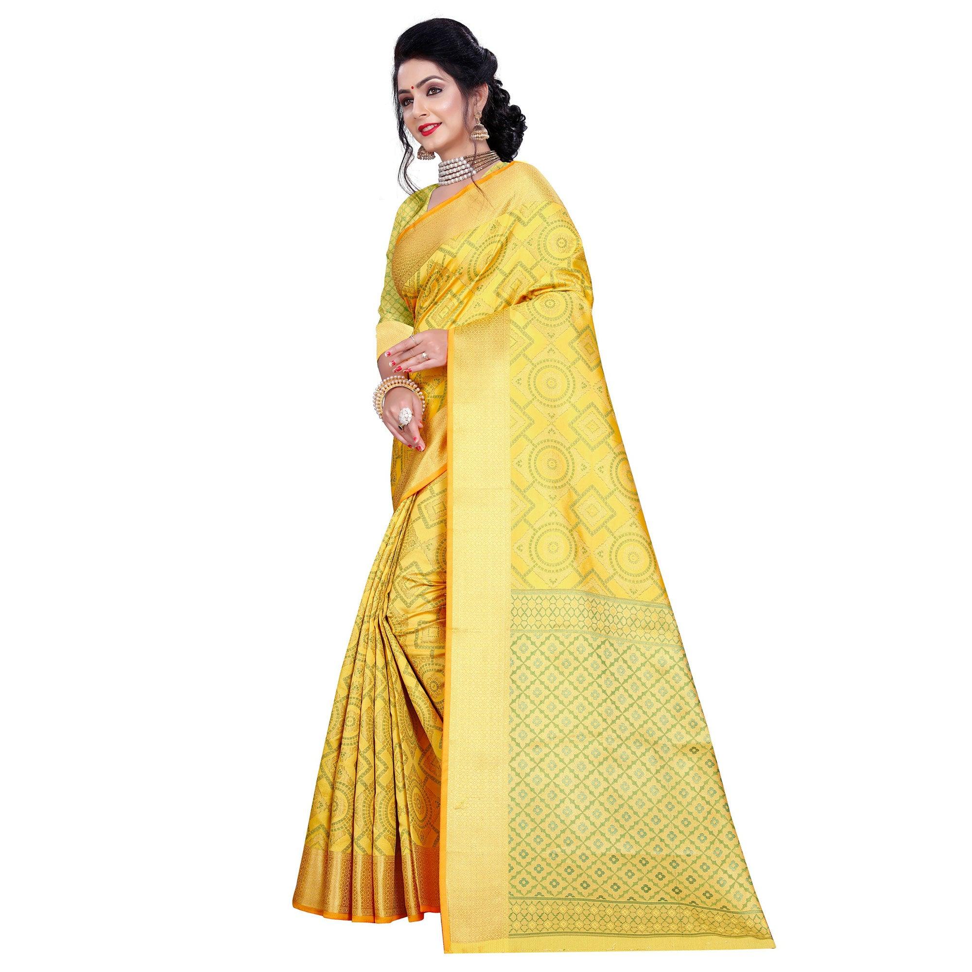 Glorious Golden Yellow Colored Festive Wear Woven Banarasi Silk Saree - Peachmode
