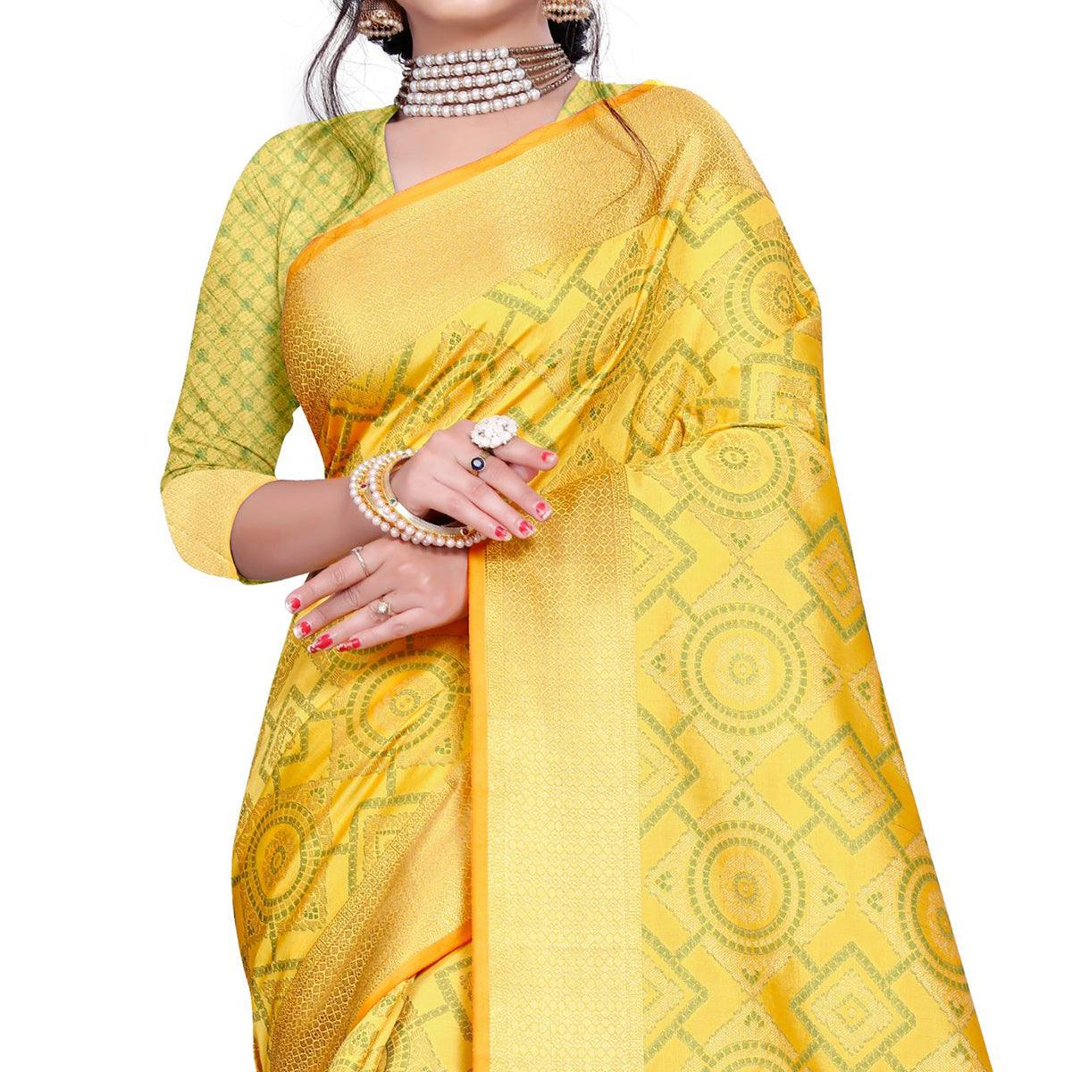 Glorious Golden Yellow Colored Festive Wear Woven Banarasi Silk Saree - Peachmode