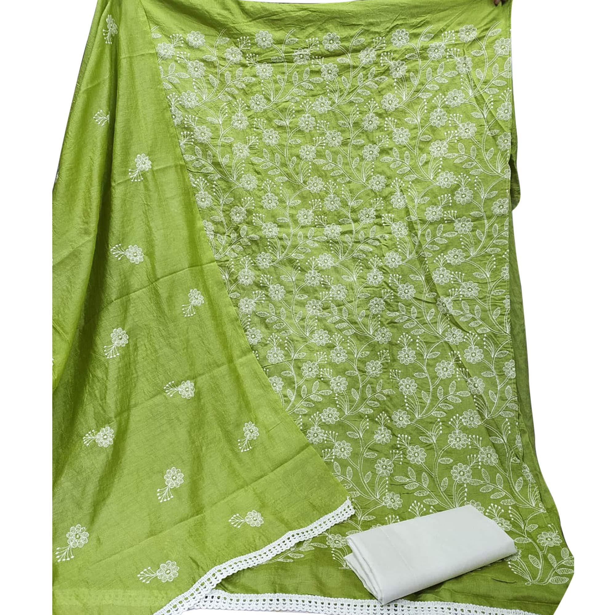 Glorious Green Colored Casual Wear Embroidered Chanderi Dywel Dress Material - Peachmode