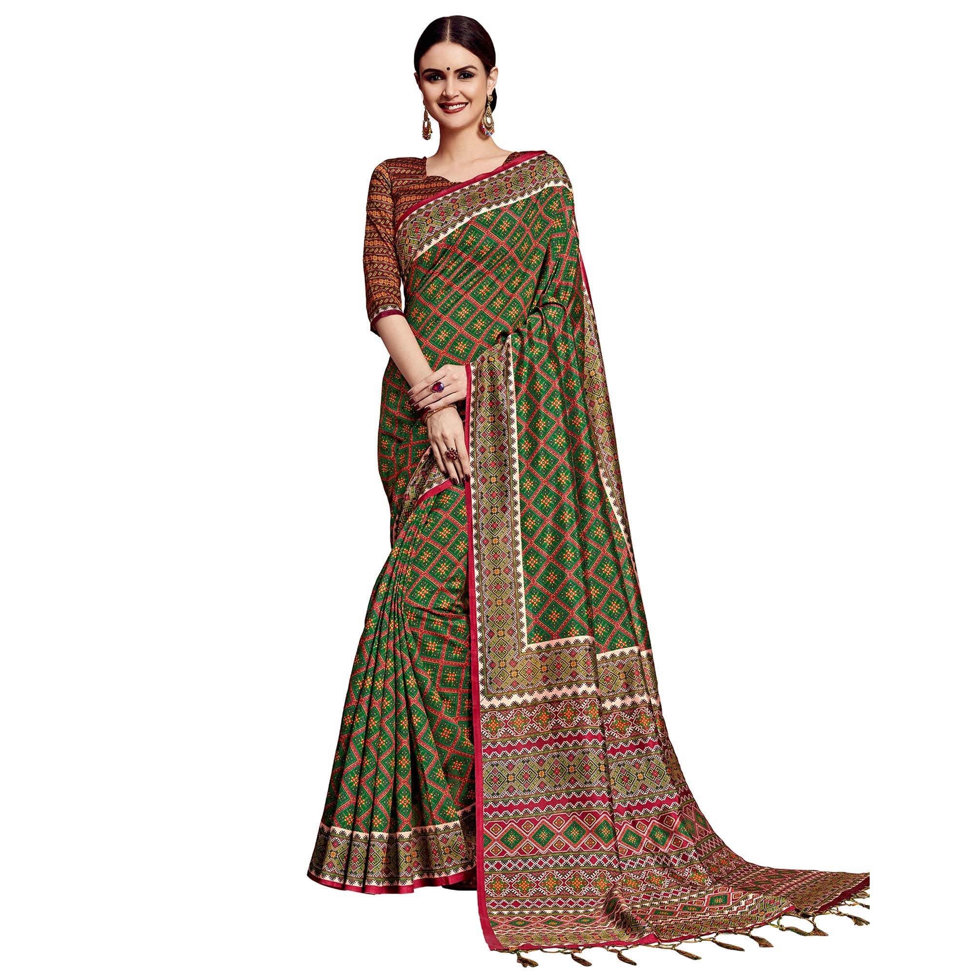 Glorious Green Colored Festive Wear Printed Silk Saree - Peachmode