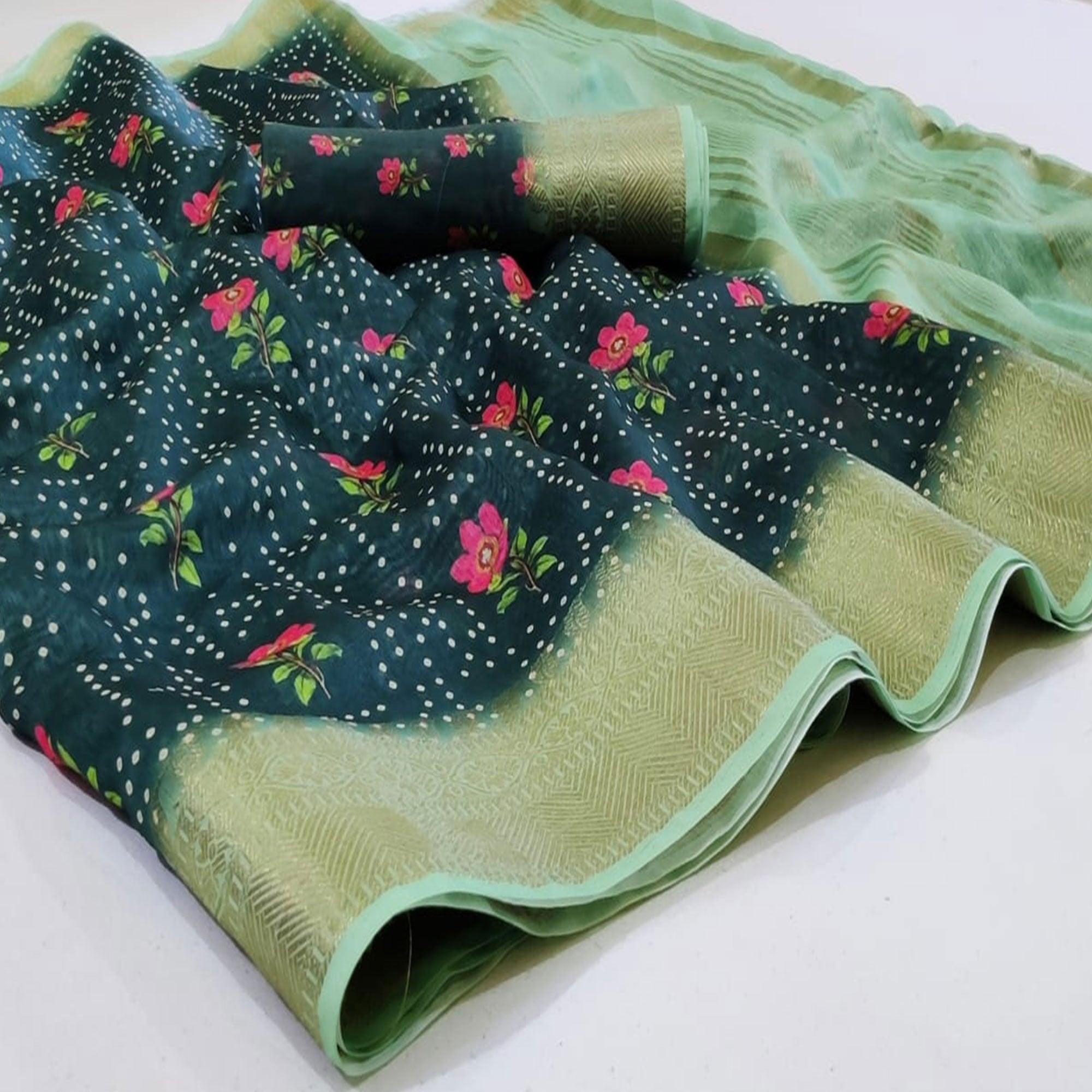 Glorious Green Colored Festive Wear Woven Banarasi Silk Saree - Peachmode