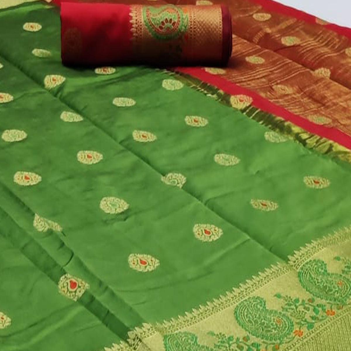 Glorious Green Colored Festive Wear Woven Soft Silk Saree - Peachmode