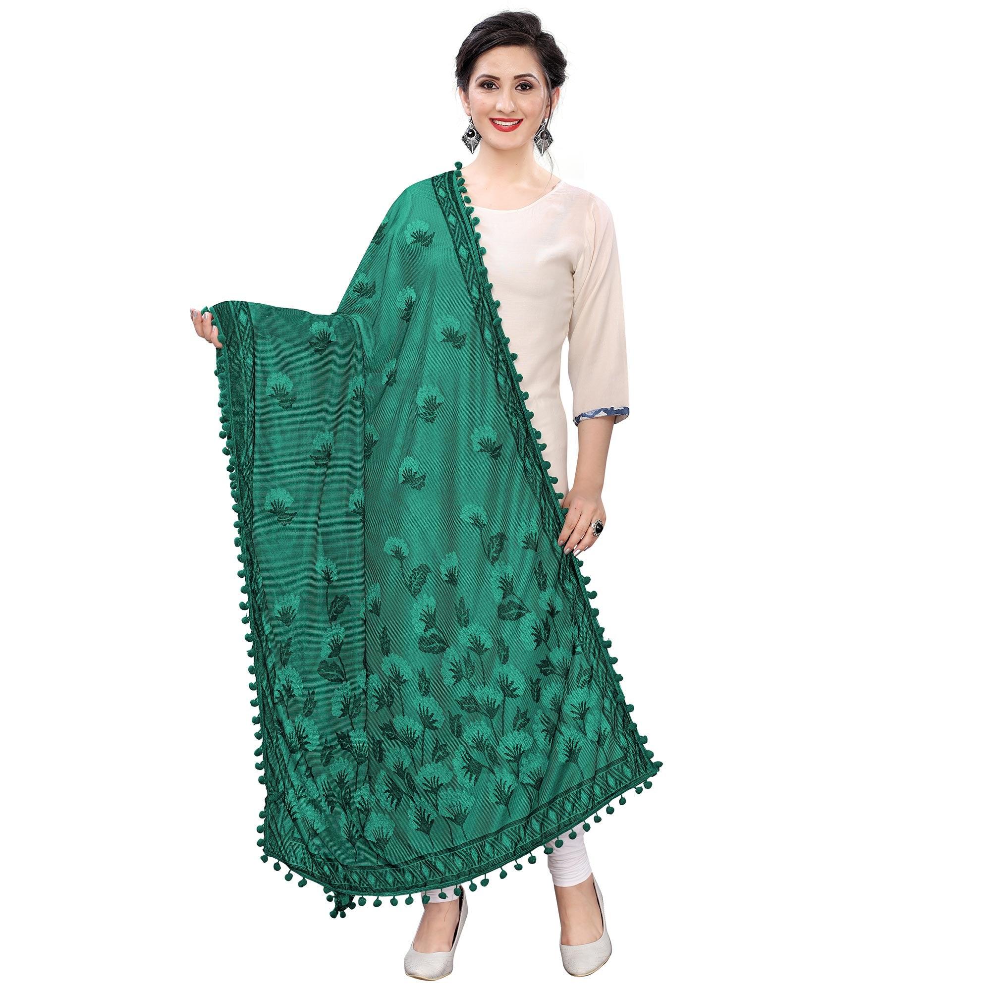 Glorious Green Colored Floral Jacqaurd Pattern With Lace Soft Lycra Women Dupatta - Peachmode