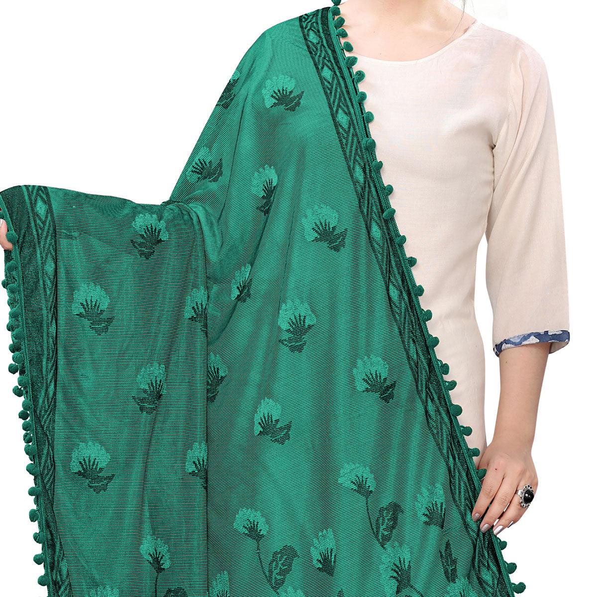 Glorious Green Colored Floral Jacqaurd Pattern With Lace Soft Lycra Women Dupatta - Peachmode