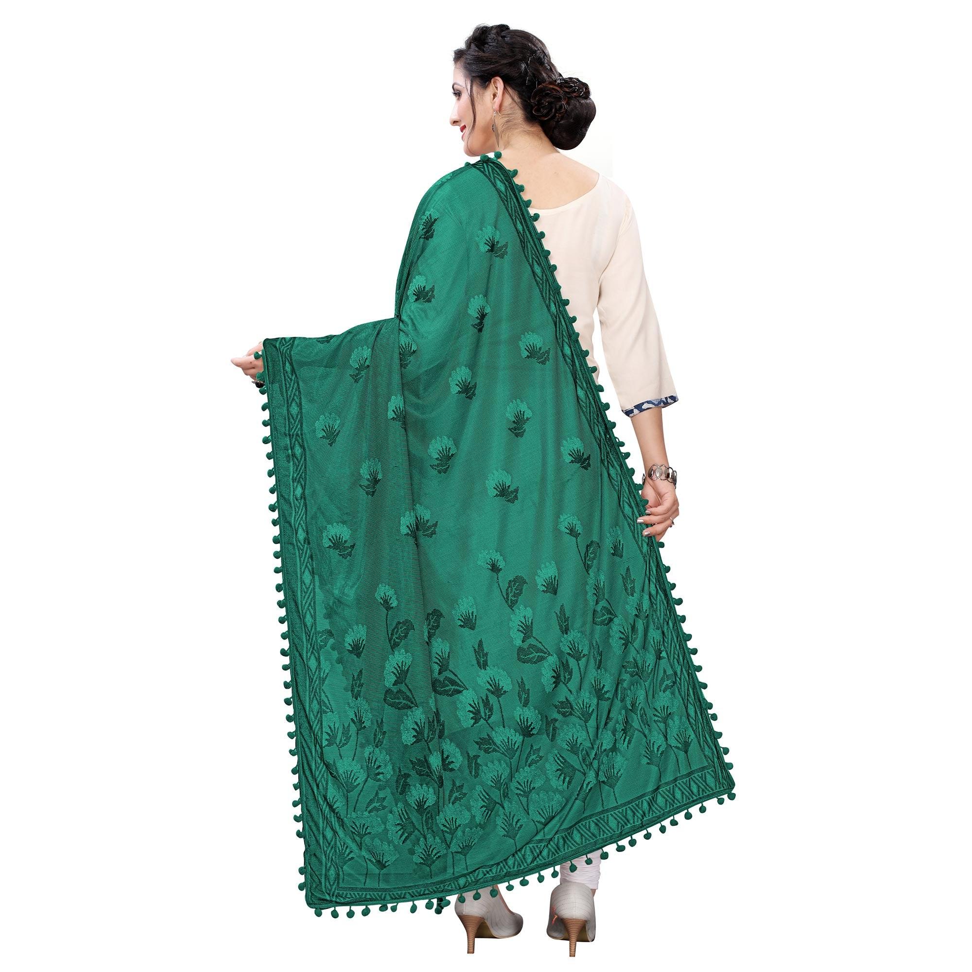Glorious Green Colored Floral Jacqaurd Pattern With Lace Soft Lycra Women Dupatta - Peachmode