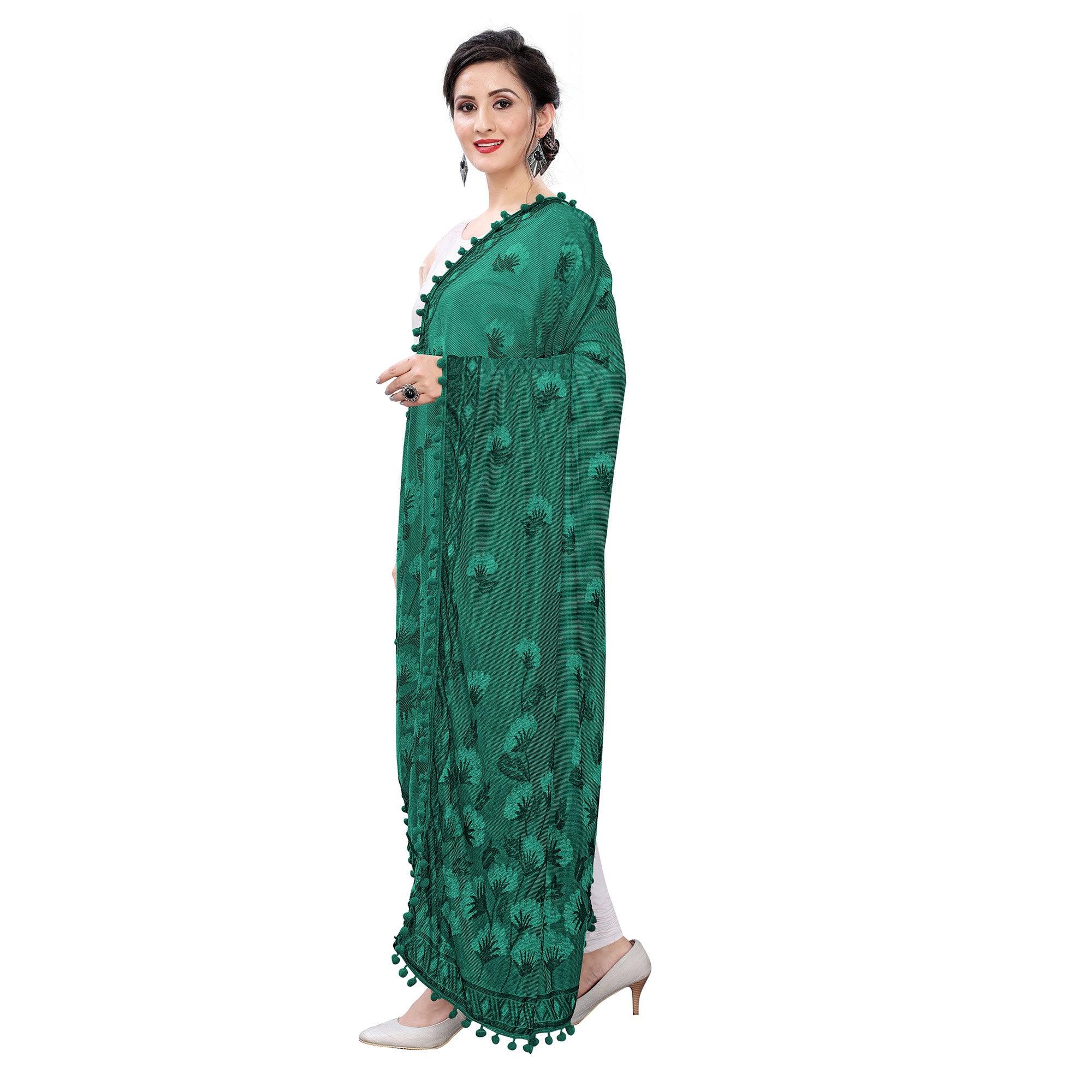 Glorious Green Colored Floral Jacqaurd Pattern With Lace Soft Lycra Women Dupatta - Peachmode