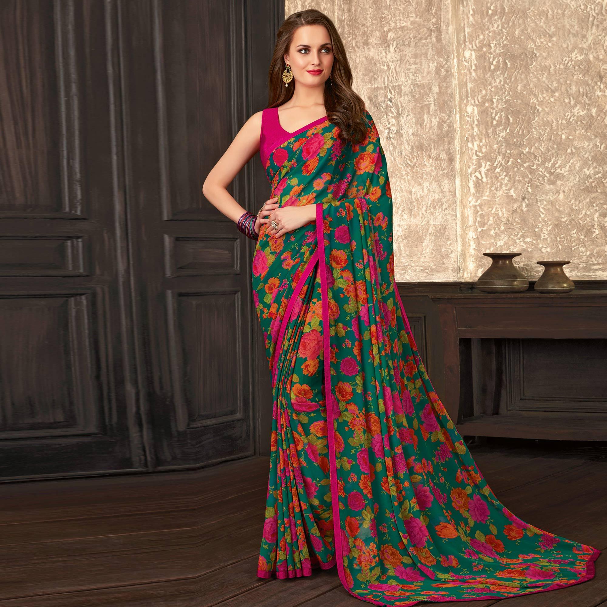 Glorious Green Coloured Casual Wear Printed Georgette Saree - Peachmode