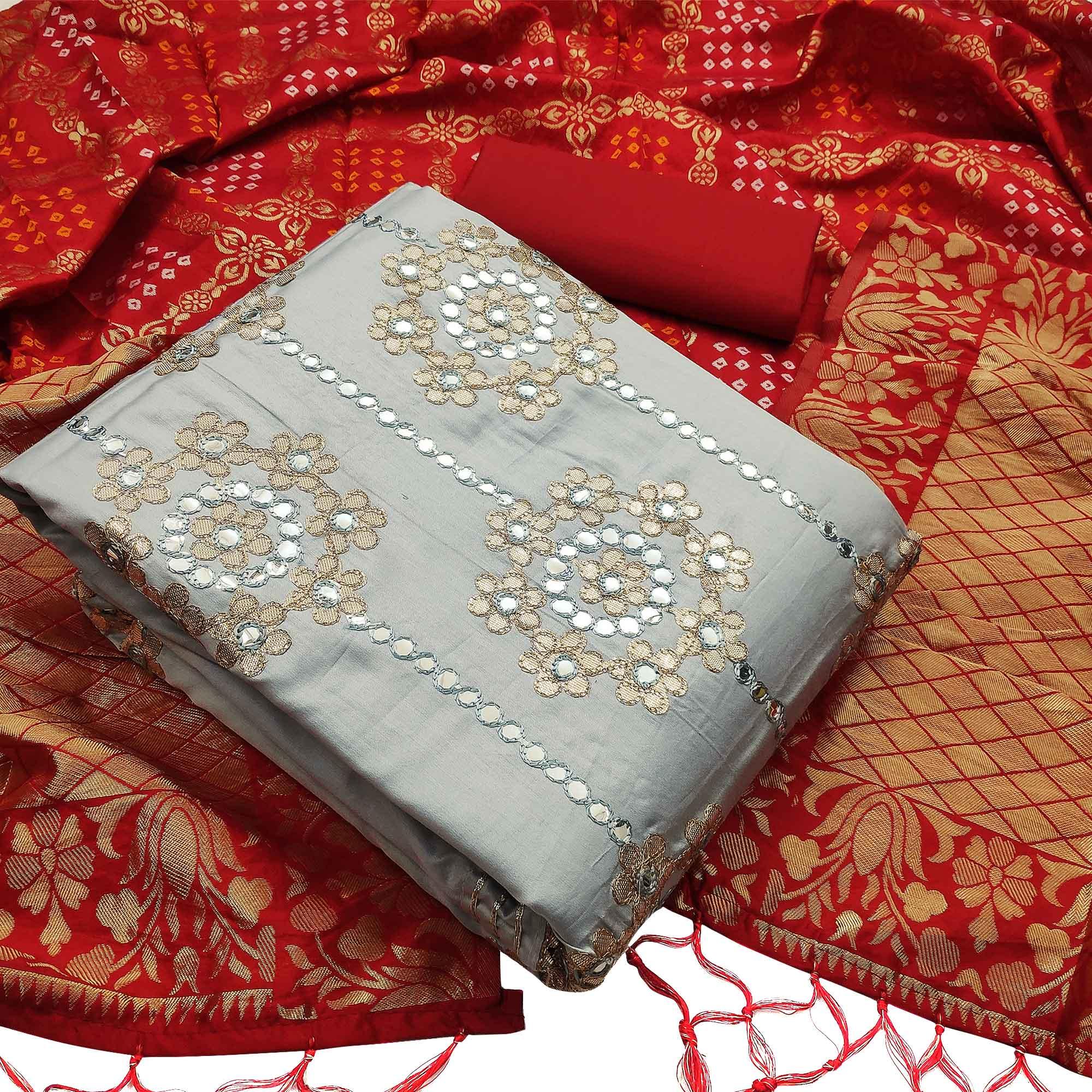 Glorious Grey Colored Festive Wear Embroidered Heavy Cotton Dress Material - Peachmode