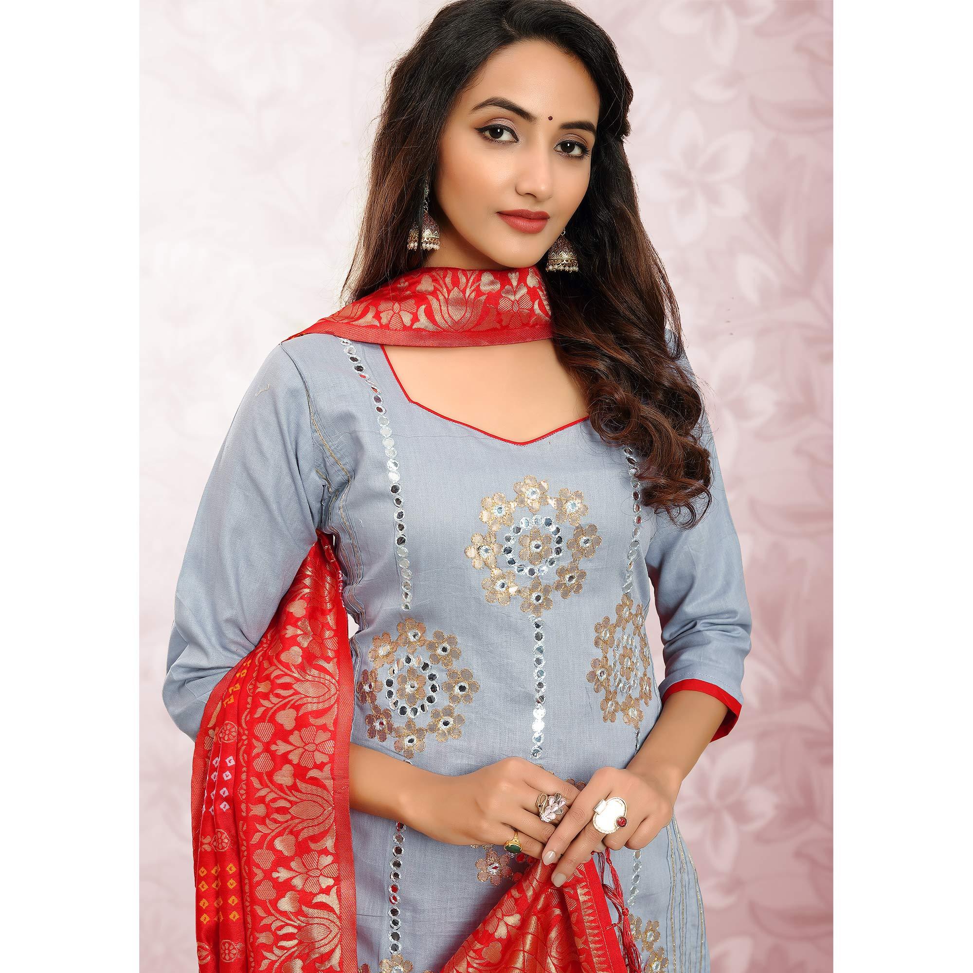 Glorious Grey Colored Festive Wear Embroidered Heavy Cotton Dress Material - Peachmode