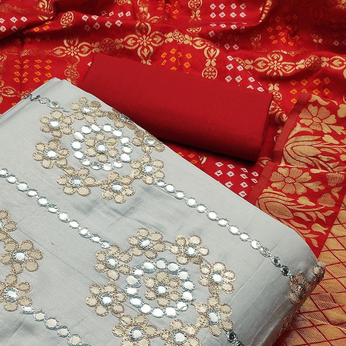 Glorious Grey Colored Festive Wear Embroidered Heavy Cotton Dress Material - Peachmode