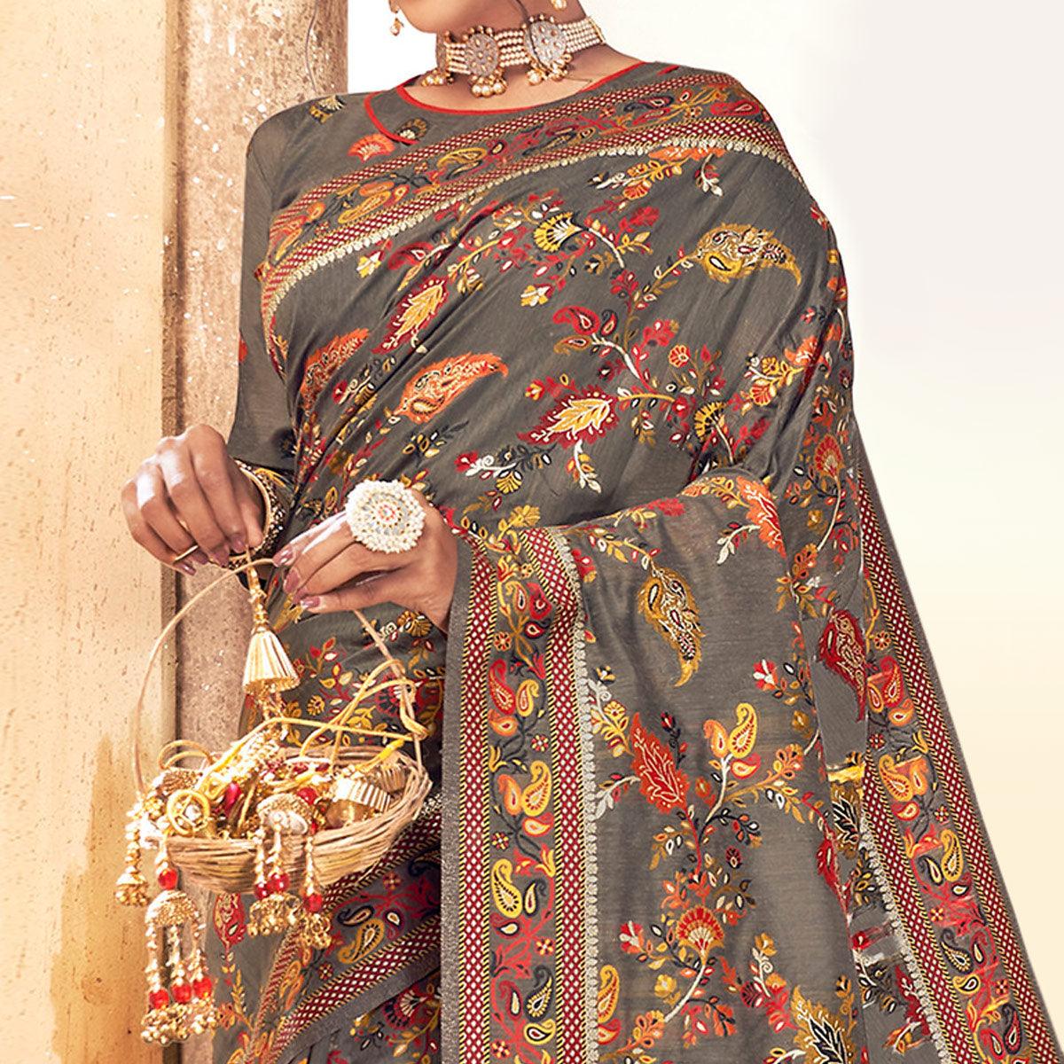 Glorious Grey Colored Festive Wear Woven Banarasi Silk Saree - Peachmode