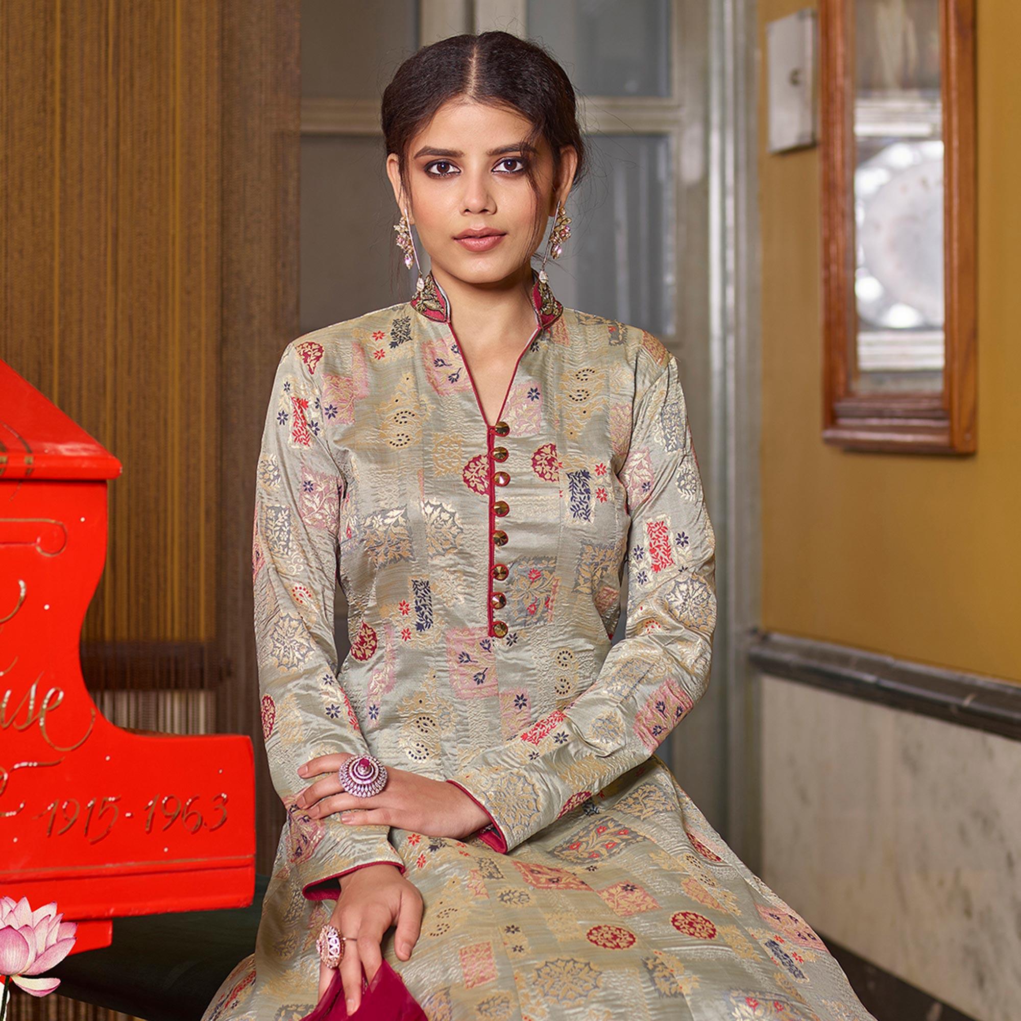 Glorious Light Brown Partywear Designer Handwork Jacquard Anarkali Suit - Peachmode