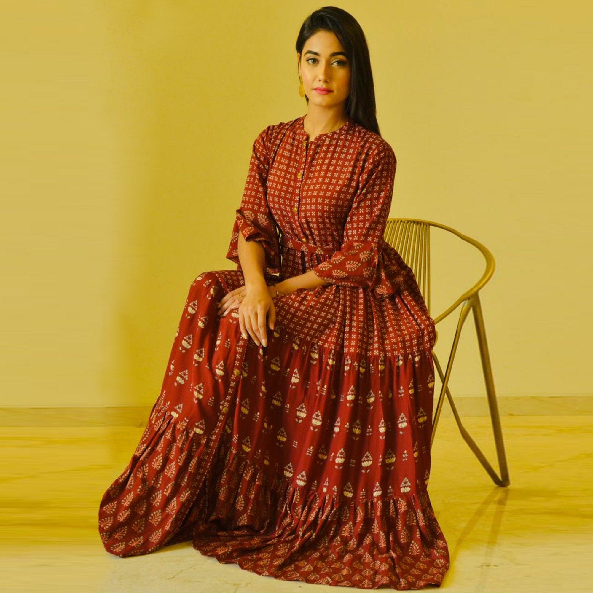 Glorious Maroon Colored Casual Wear Cotton Long Kurti - Peachmode