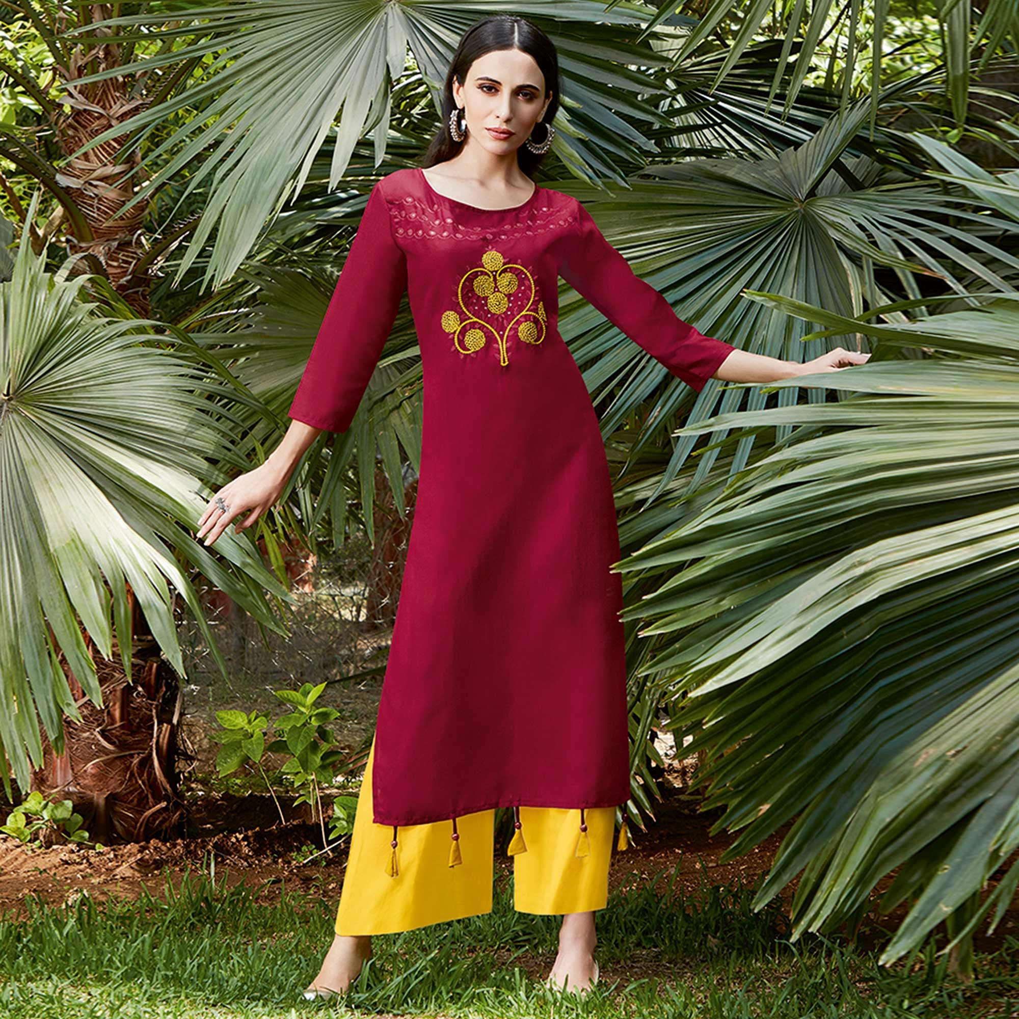 Glorious Maroon Colored Casual Wear Embroidered Cotton Sulb Kurti - Peachmode