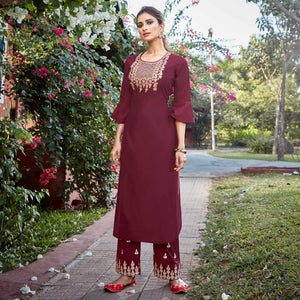 Glorious Maroon Colored Partywear Embroidered Cotton Silk Kurti-Palazzo Set - Peachmode