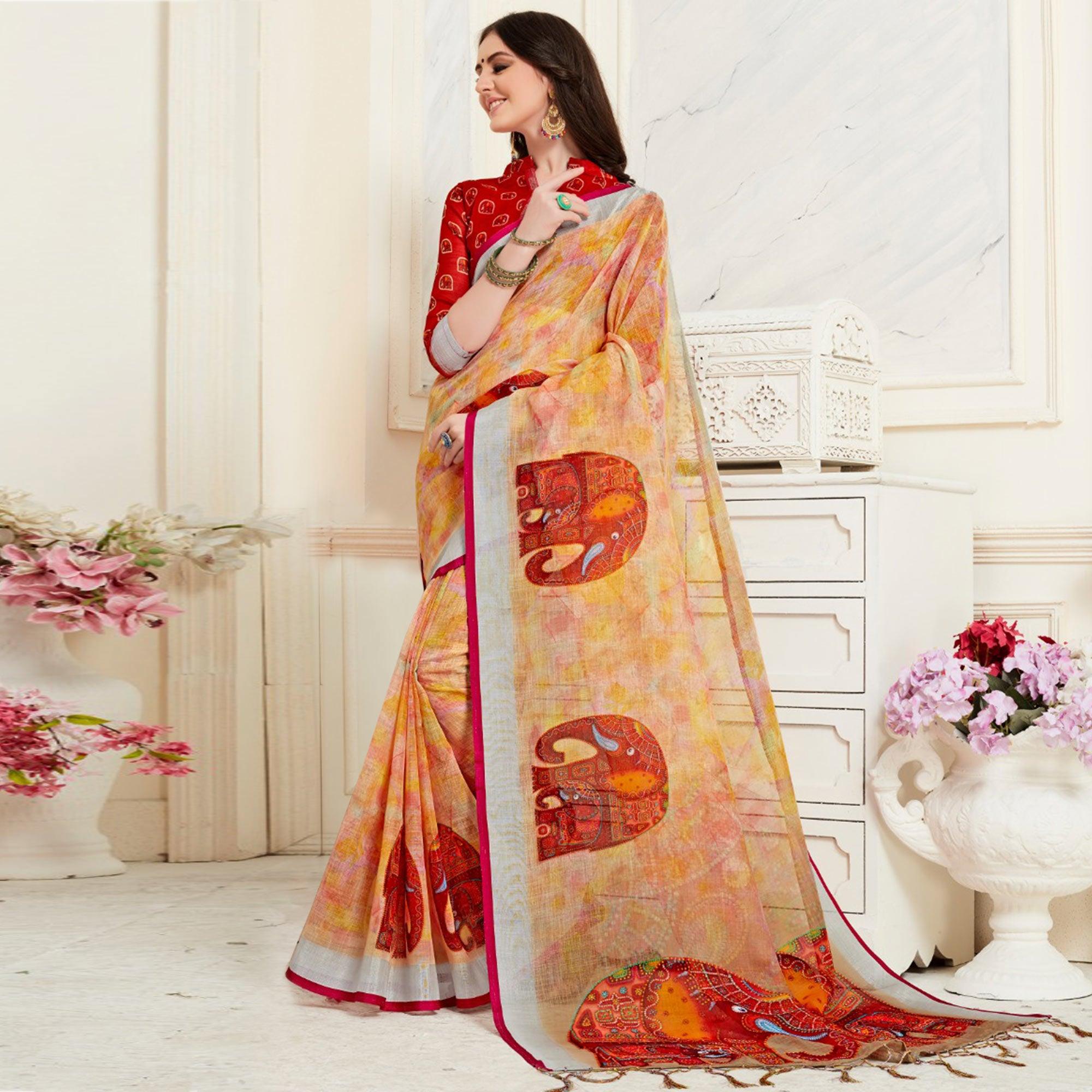 Glorious Multi Colored Casual Elephant Digital Printed Linen Saree - Peachmode