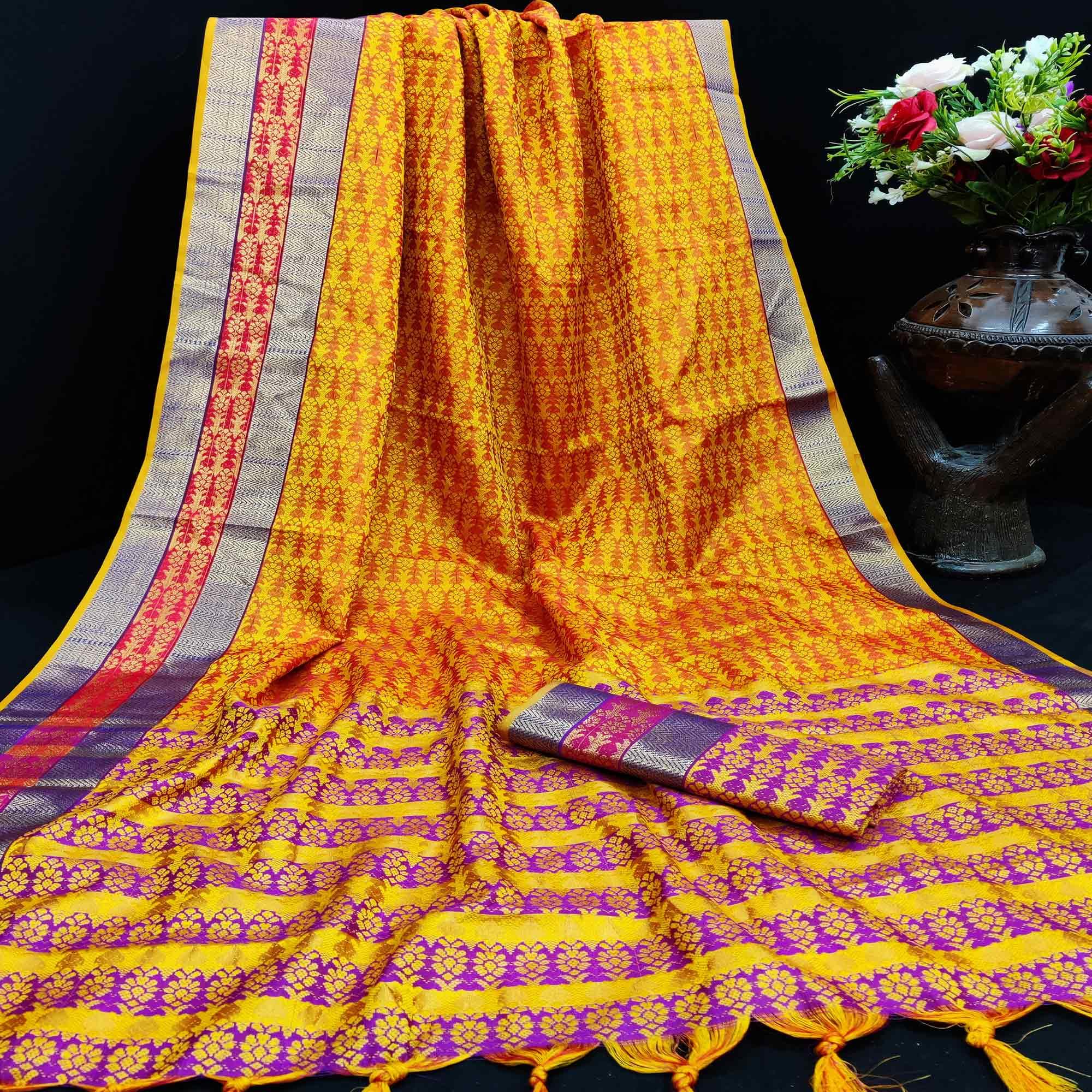 Glorious Mustard Colored Festive Wear Woven Jacqaurd Silk Saree - Peachmode