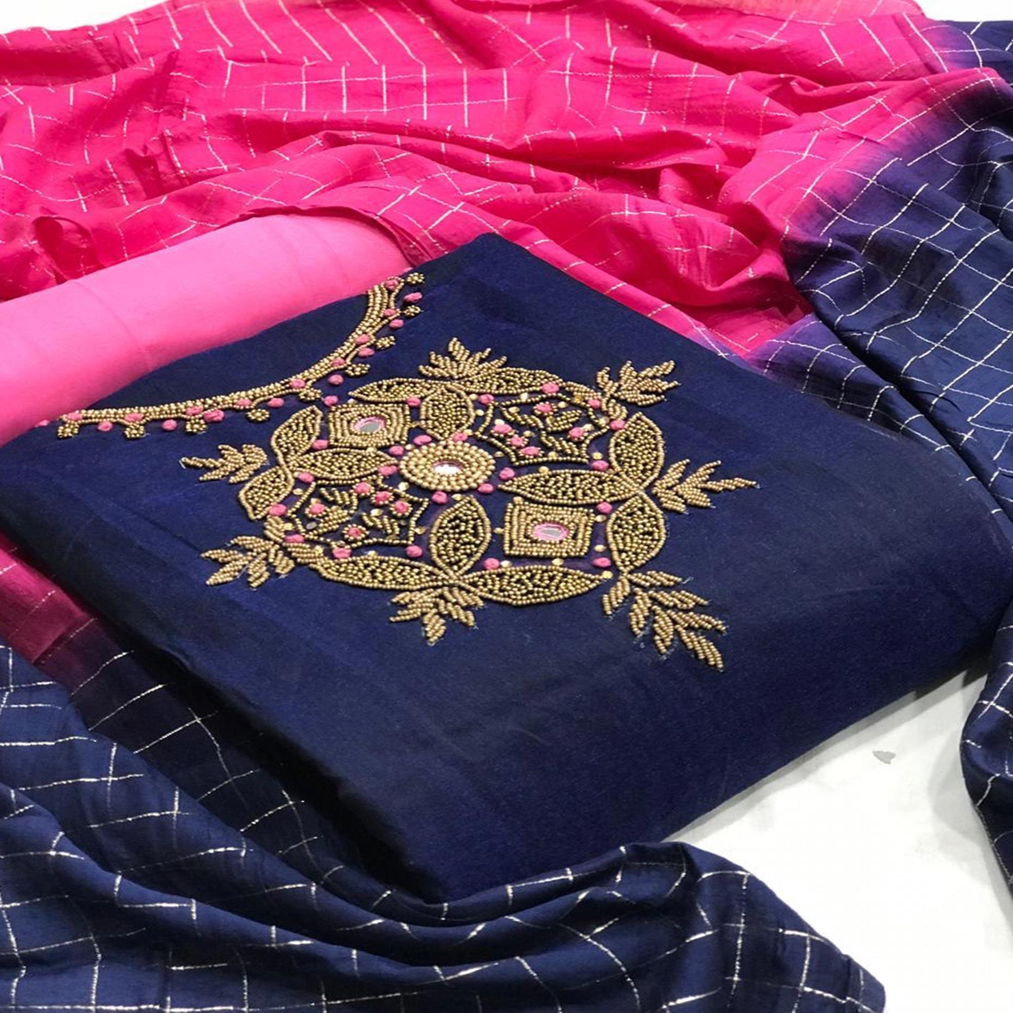 Glorious Navy Blue Colored Casual Wear Embroidered Chanderi Dress Material - Peachmode
