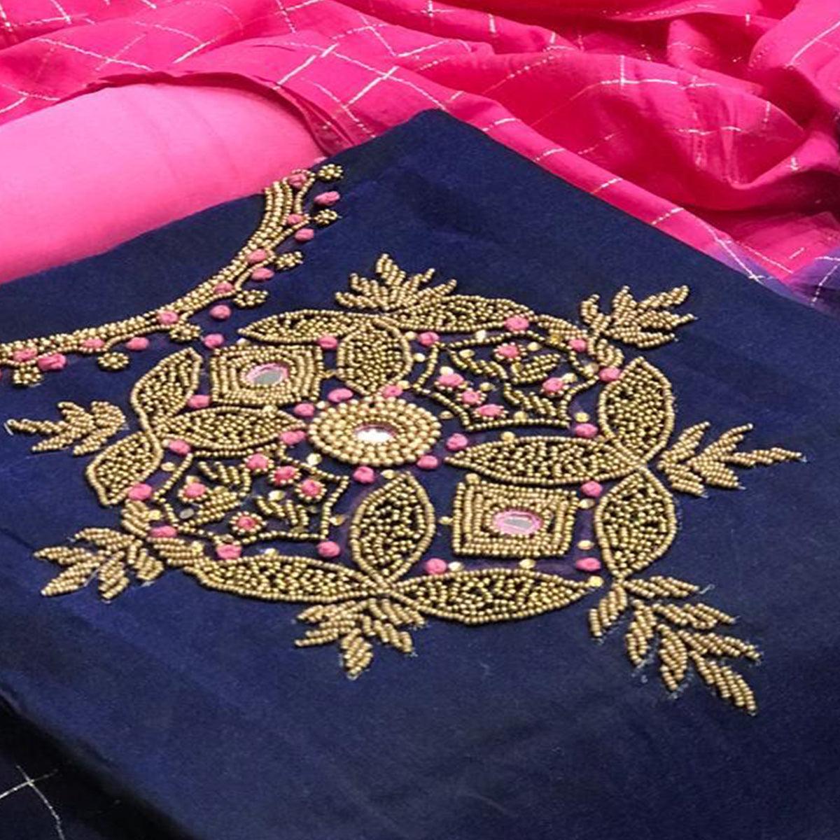 Glorious Navy Blue Colored Casual Wear Embroidered Chanderi Dress Material - Peachmode