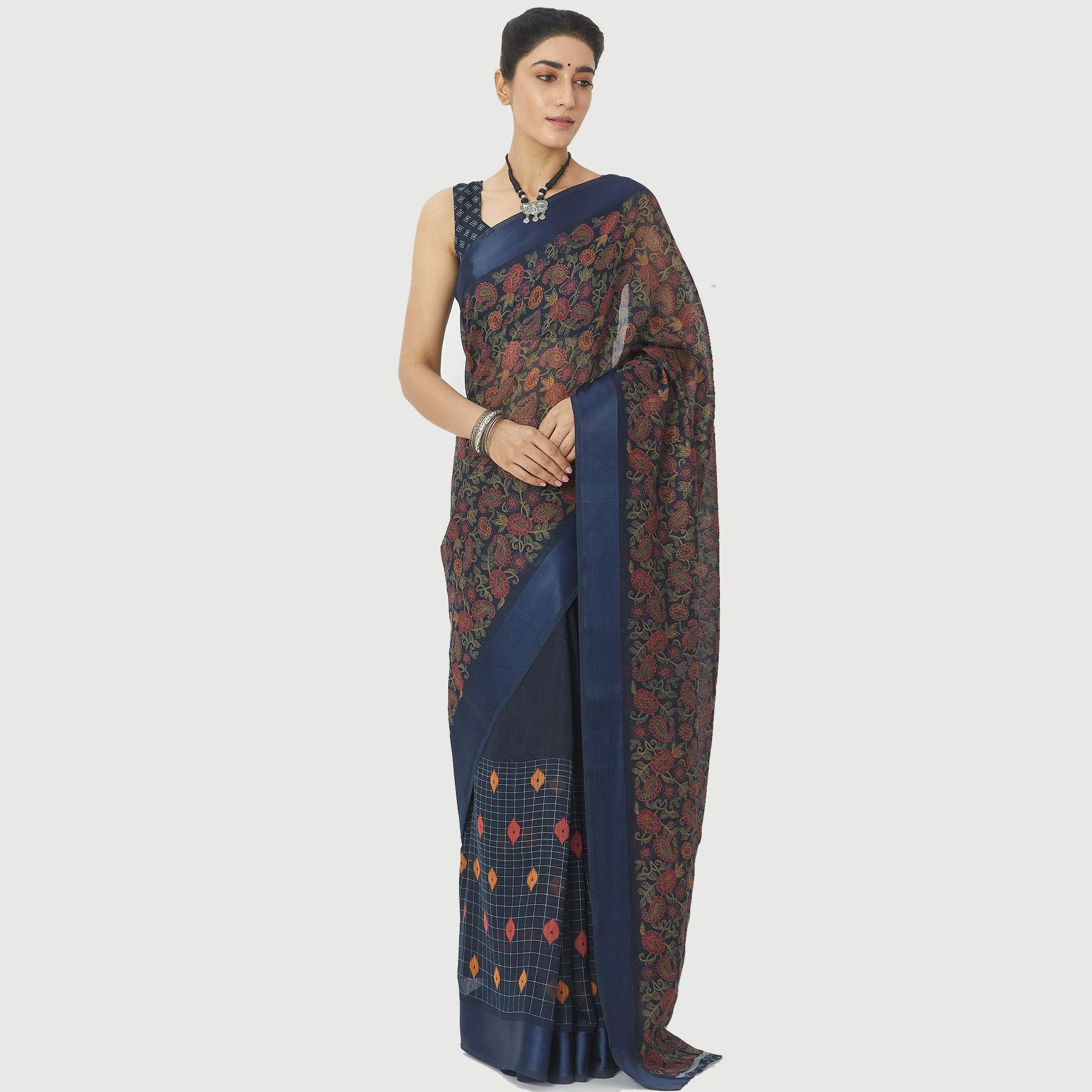 Glorious Navy Blue Colored Casual Wear Floral Printed Linen Cotton Half & Half Saree - Peachmode