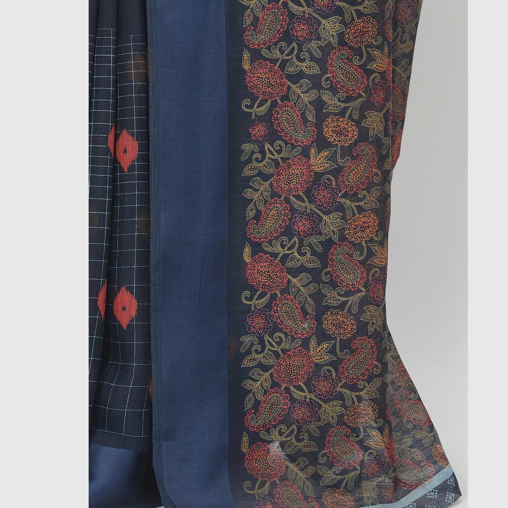 Glorious Navy Blue Colored Casual Wear Floral Printed Linen Cotton Half & Half Saree - Peachmode
