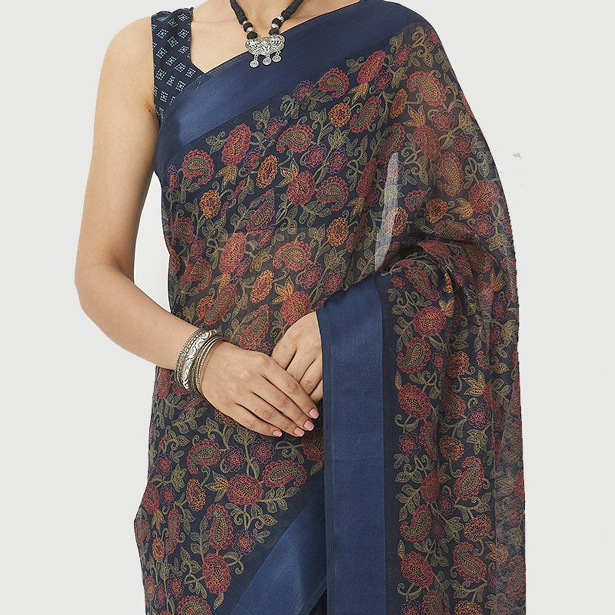 Glorious Navy Blue Colored Casual Wear Floral Printed Linen Cotton Half & Half Saree - Peachmode