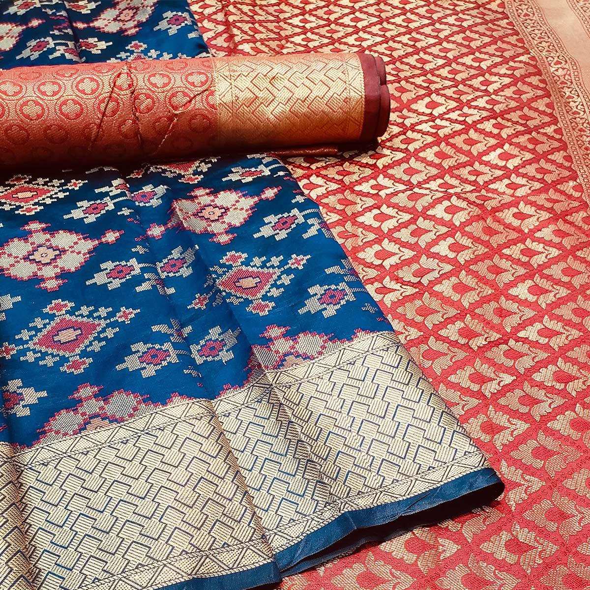 Glorious Navy Blue Colored Festive Wear Woven Banarasi Silk Saree - Peachmode