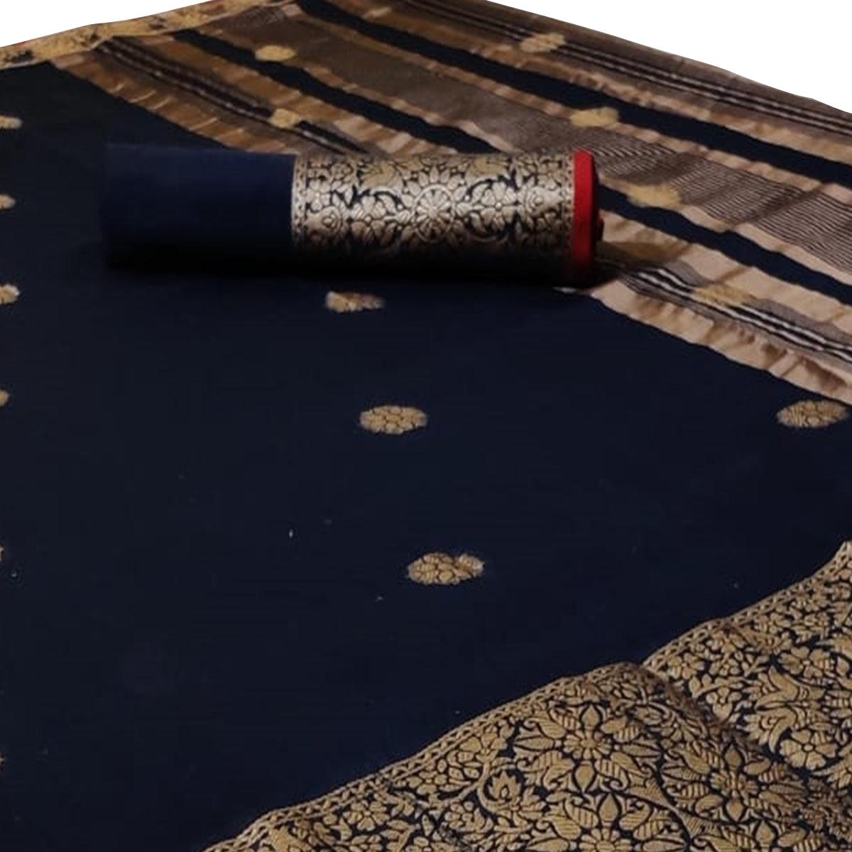 Glorious Navy Blue Colored Festive Wear Woven Linen Saree - Peachmode